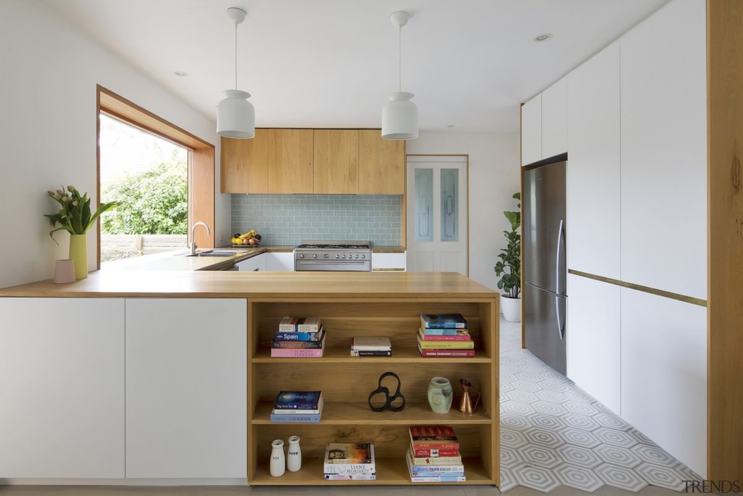 The kitchen features a useful shelf on the architecture, cabinetry, countertop, cuisine classique, interior design, kitchen, real estate, gray