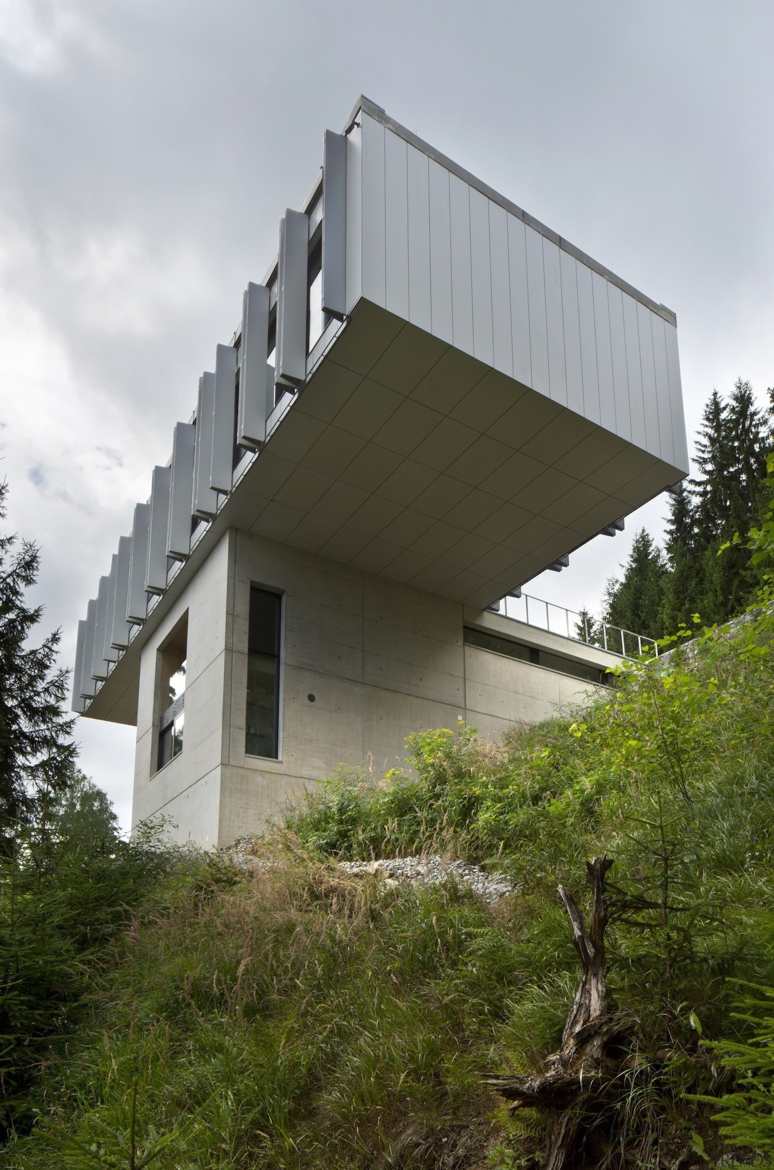 It's certainly an impressive cantilever - It's certainly architecture, building, facade, home, house, sky, gray, brown