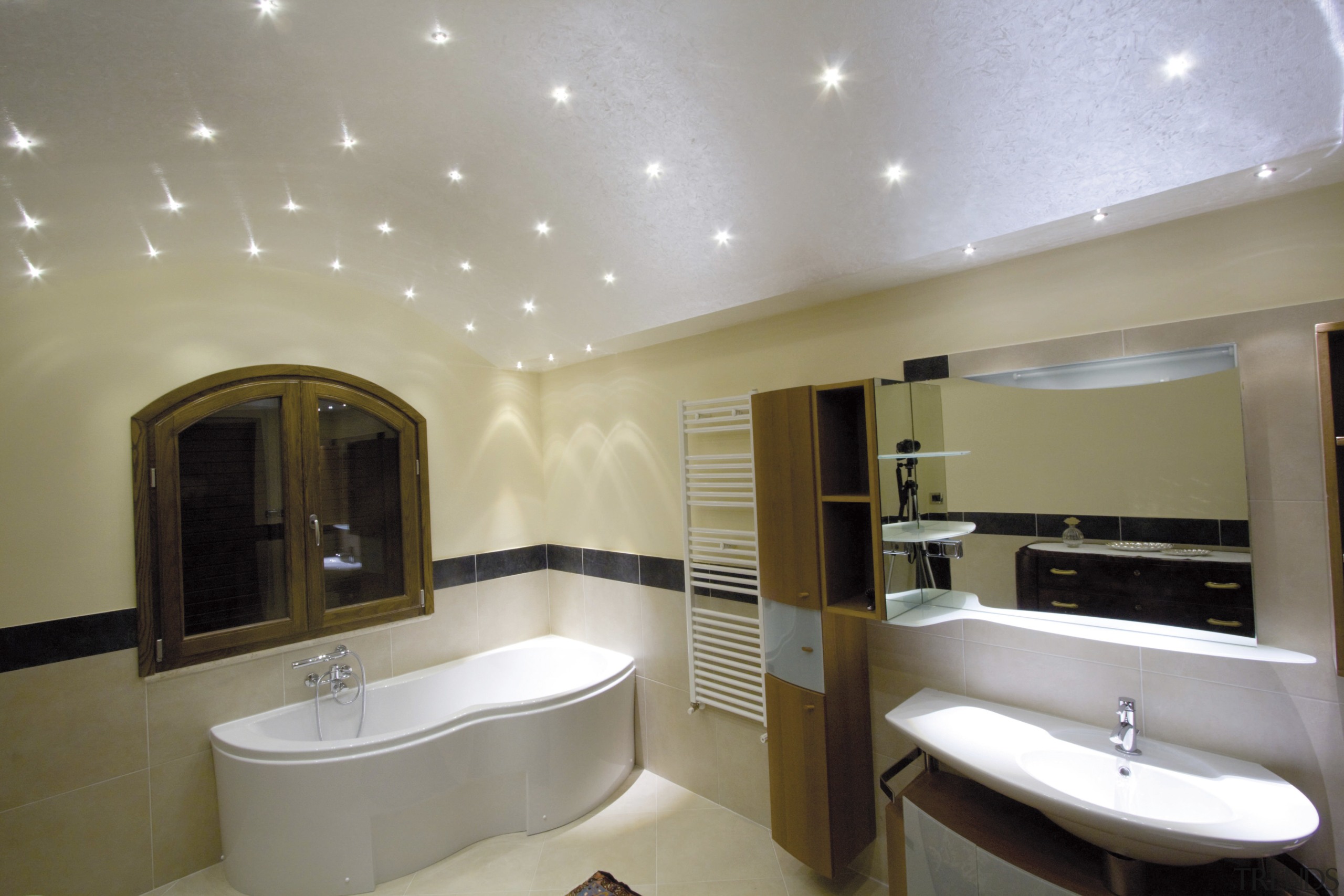 LED Beriel crystal lights create a glamorous, starry bathroom, ceiling, floor, interior design, lighting, real estate, room, gray