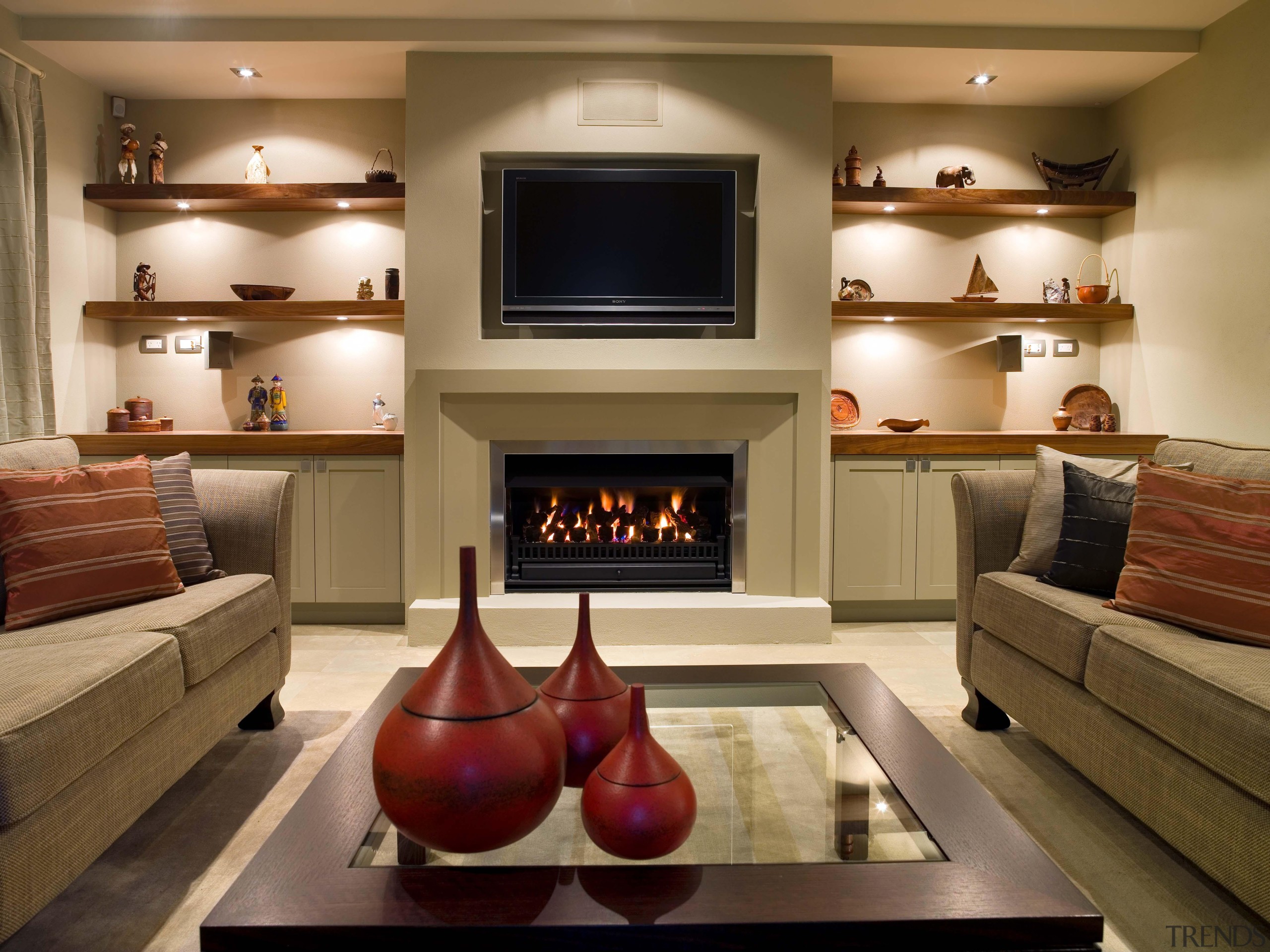 karaka  mds lounge 1 - karaka__mds_lounge_1 - fireplace, hearth, home, interior design, living room, room, brown, orange