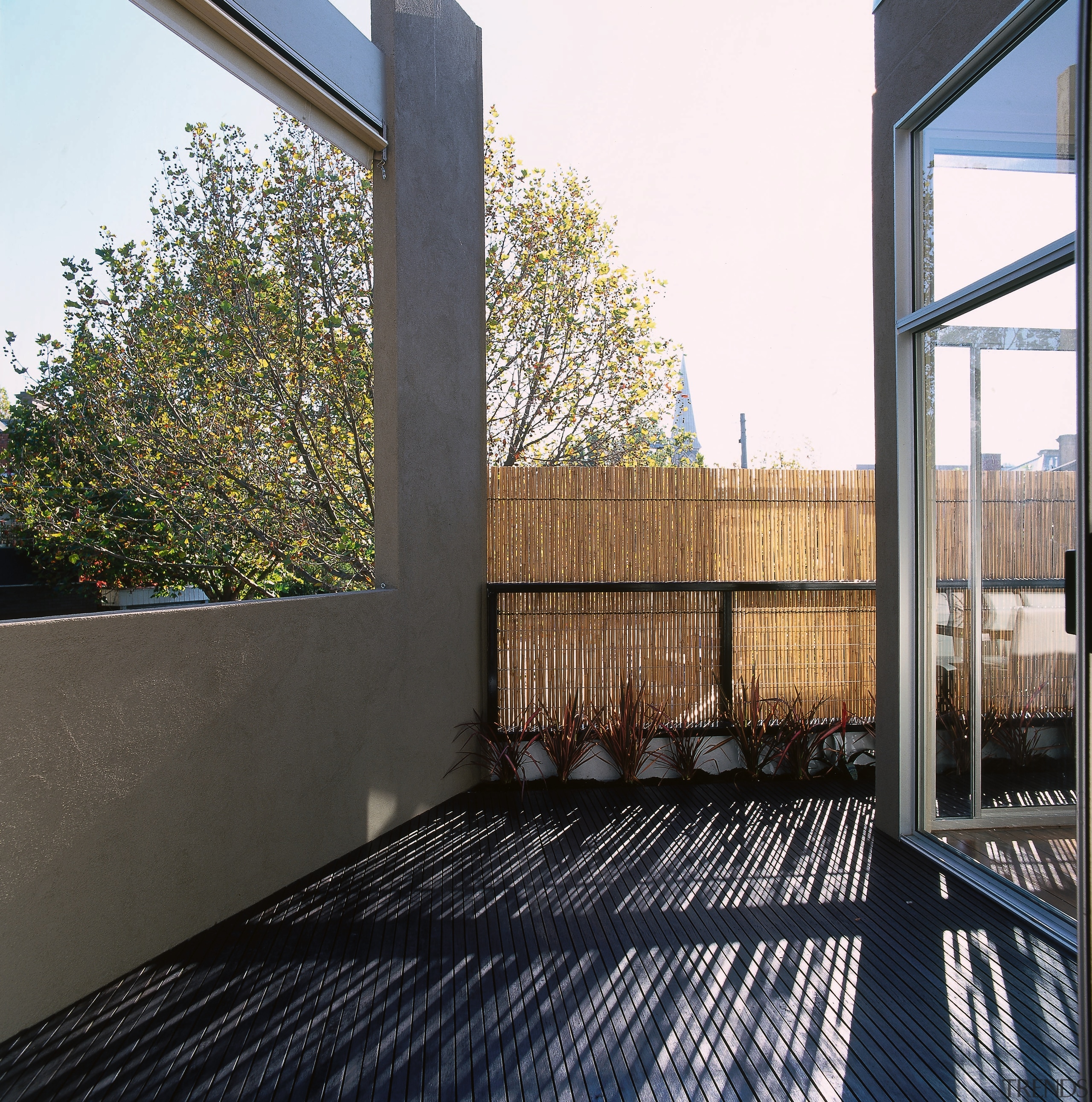 The view of a terrace - The view architecture, building, daylighting, facade, home, house, outdoor structure, property, real estate, residential area, roof, window, wood, black, white