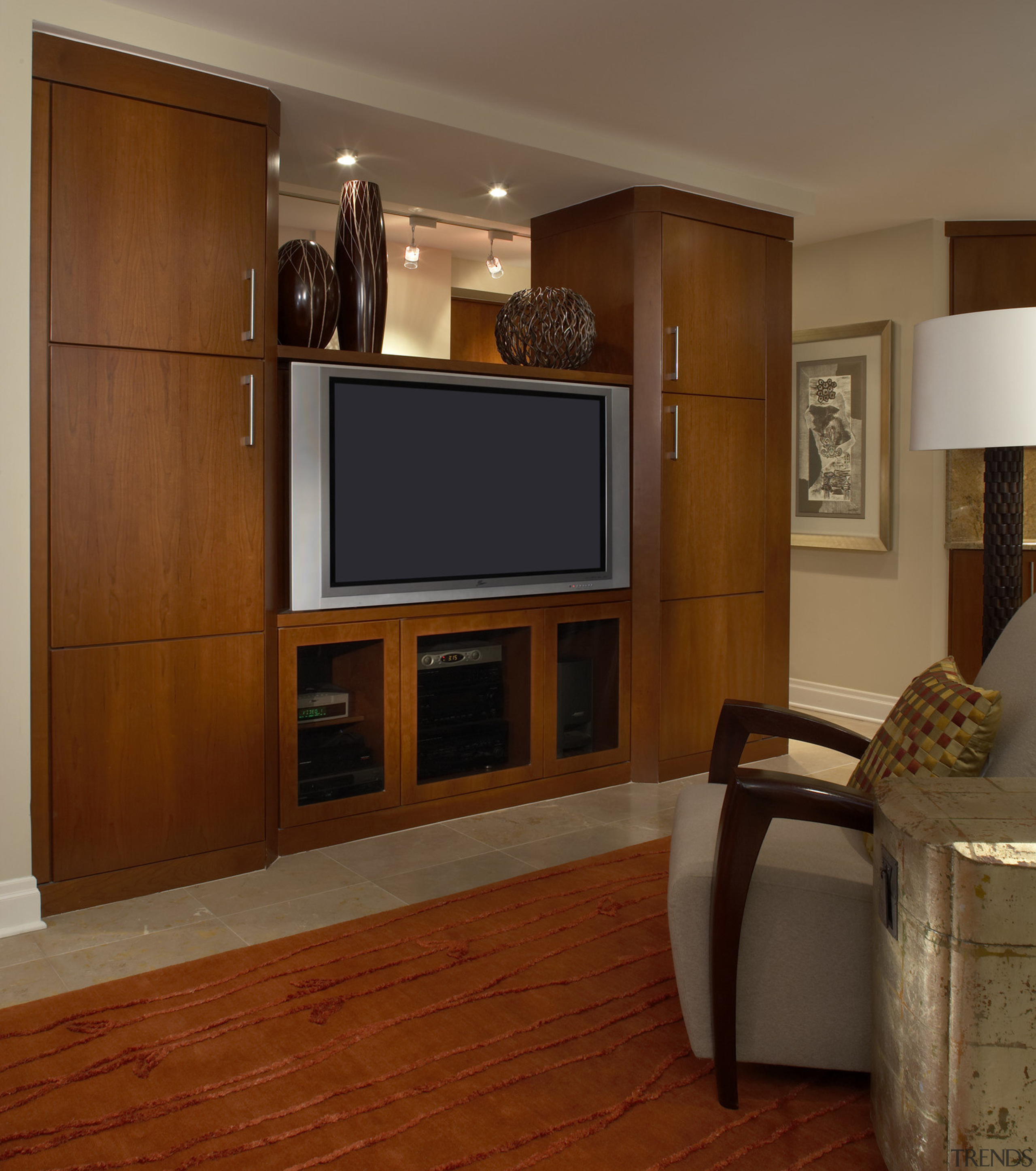 This contemporary entertainment centre was designed and made cabinetry, floor, flooring, furniture, hardwood, home, interior design, laminate flooring, living room, room, shelving, wall, wood, wood flooring, wood stain, brown