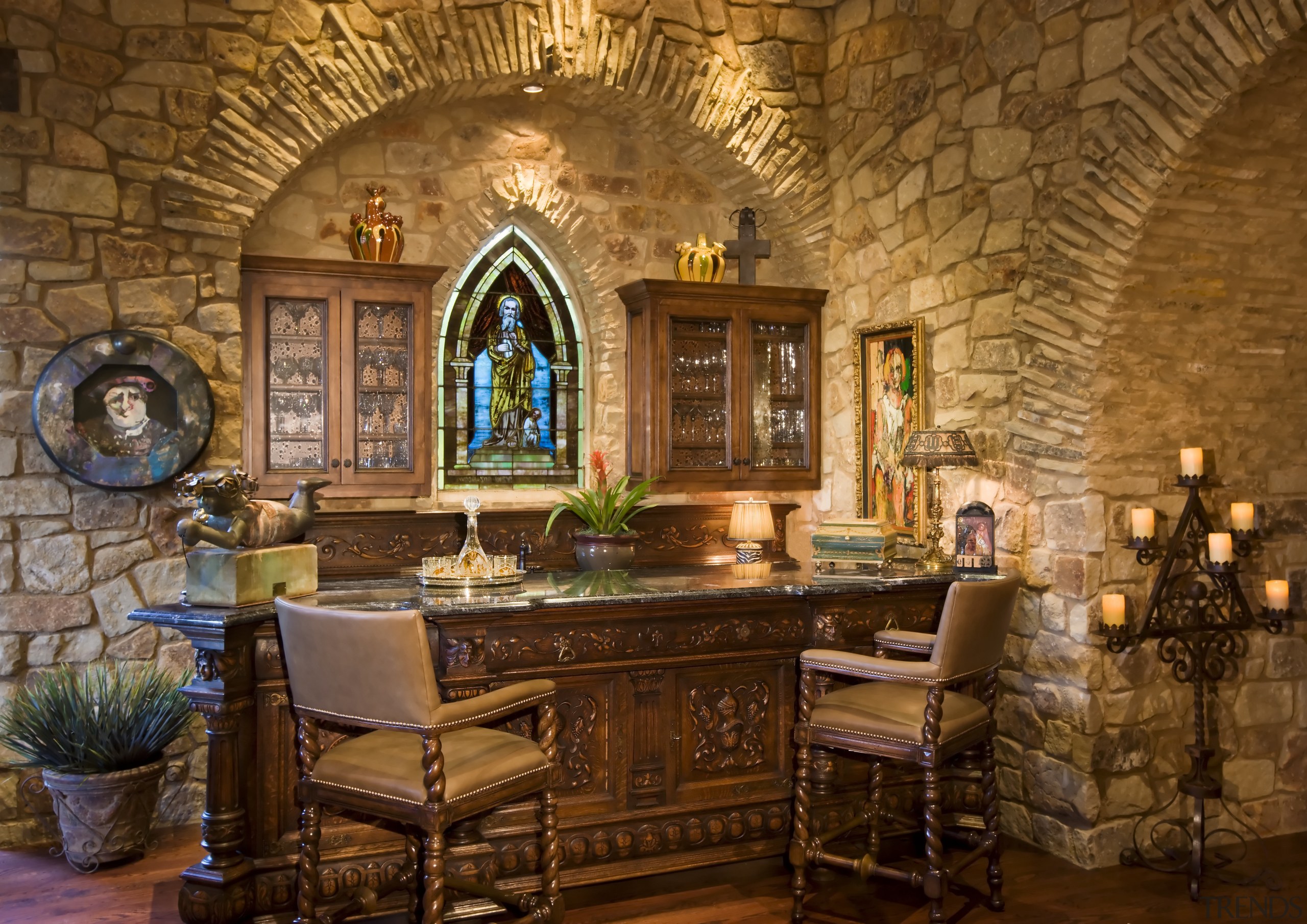 Image of the bar area. - Image of chapel, estate, home, interior design, room, brown