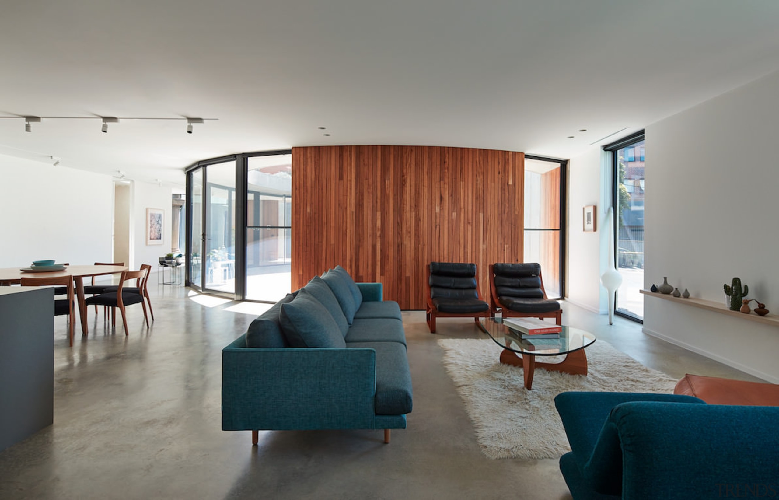 The curved living room wall - The curved apartment, architecture, ceiling, floor, flooring, house, interior design, living room, real estate, room, gray