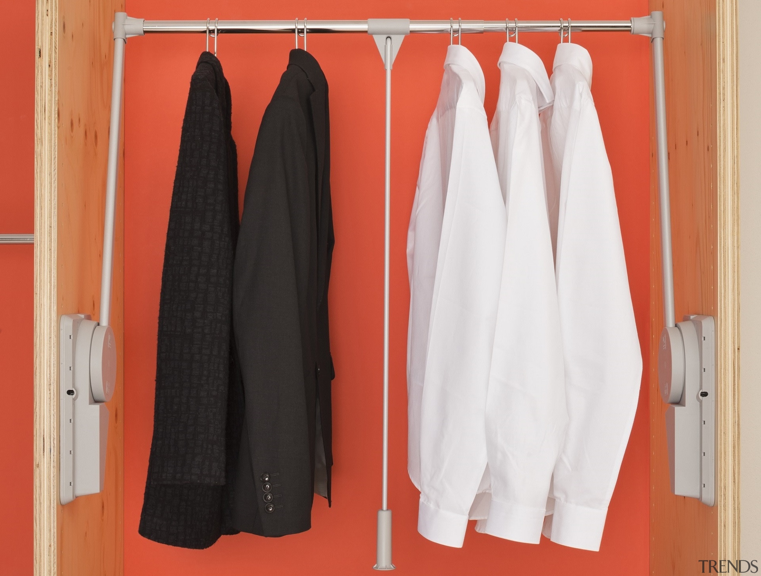 Photo shows the Ambos' Super Lift Wardrobe Rail:14-20kg closet, clothes hanger, outerwear, room, red, white