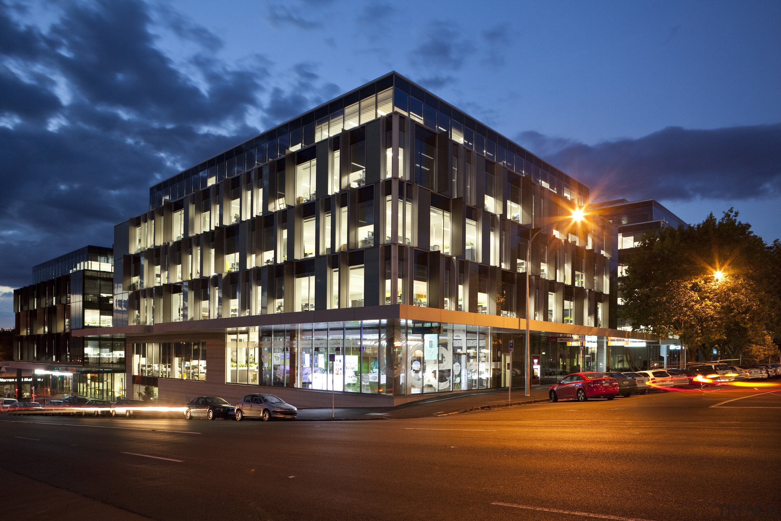 View of the Telecom Auckland head office, spread apartment, architecture, building, city, commercial building, condominium, corporate headquarters, downtown, evening, facade, home, hotel, house, metropolis, metropolitan area, mixed use, neighbourhood, night, property, real estate, residential area, sky, suburb, blue