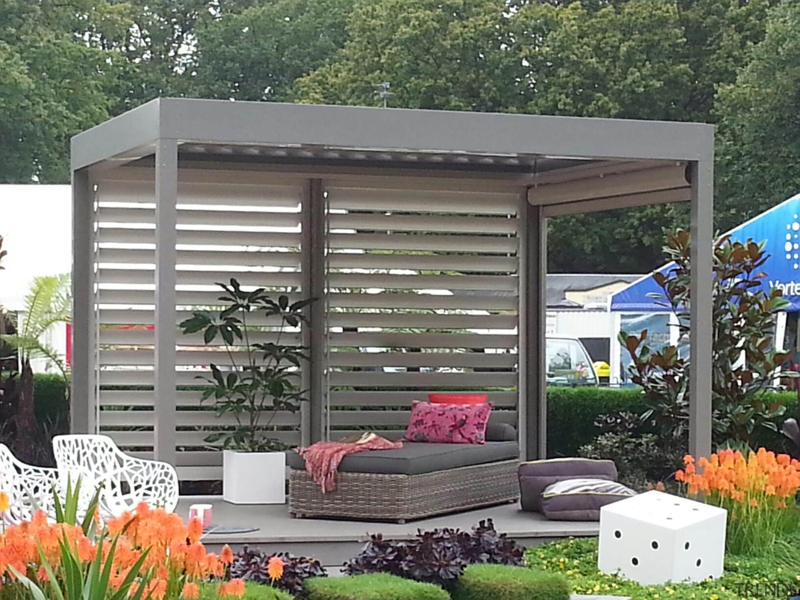 The Louvretec stand at the Ellerslie Flower Show backyard, canopy, outdoor structure, shade, shed, gray