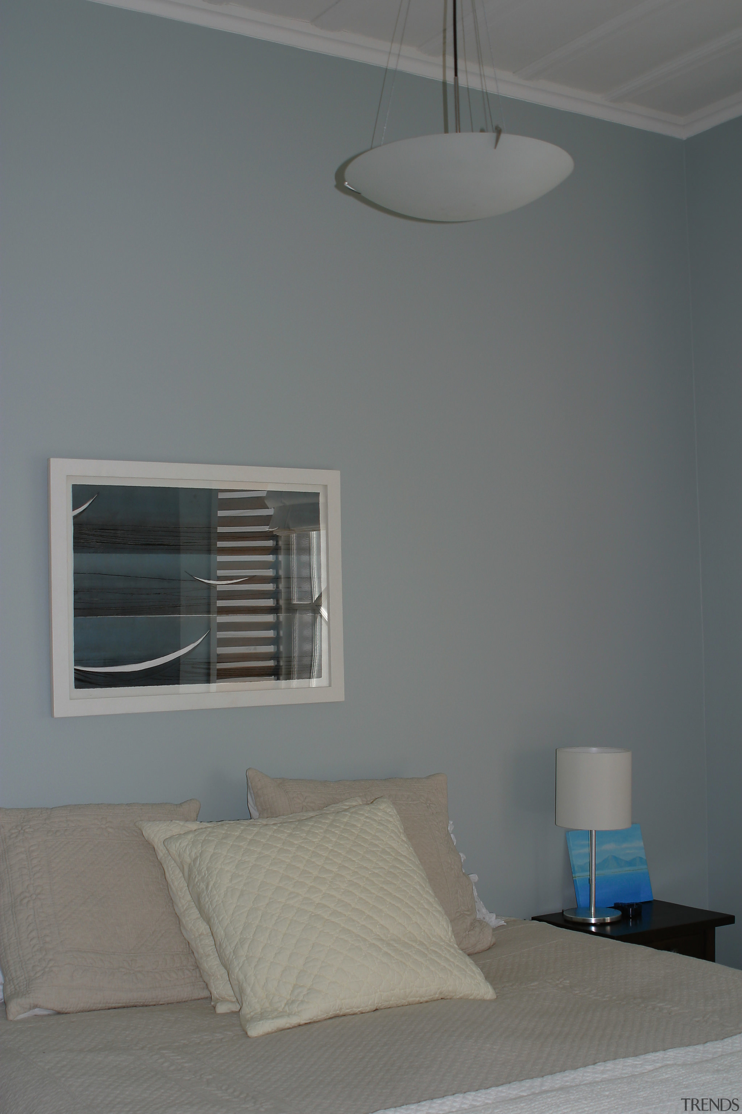 Bedroom with grey toned walls, cream bedding, lamp architecture, ceiling, daylighting, home, house, interior design, light fixture, lighting, room, wall, window, gray