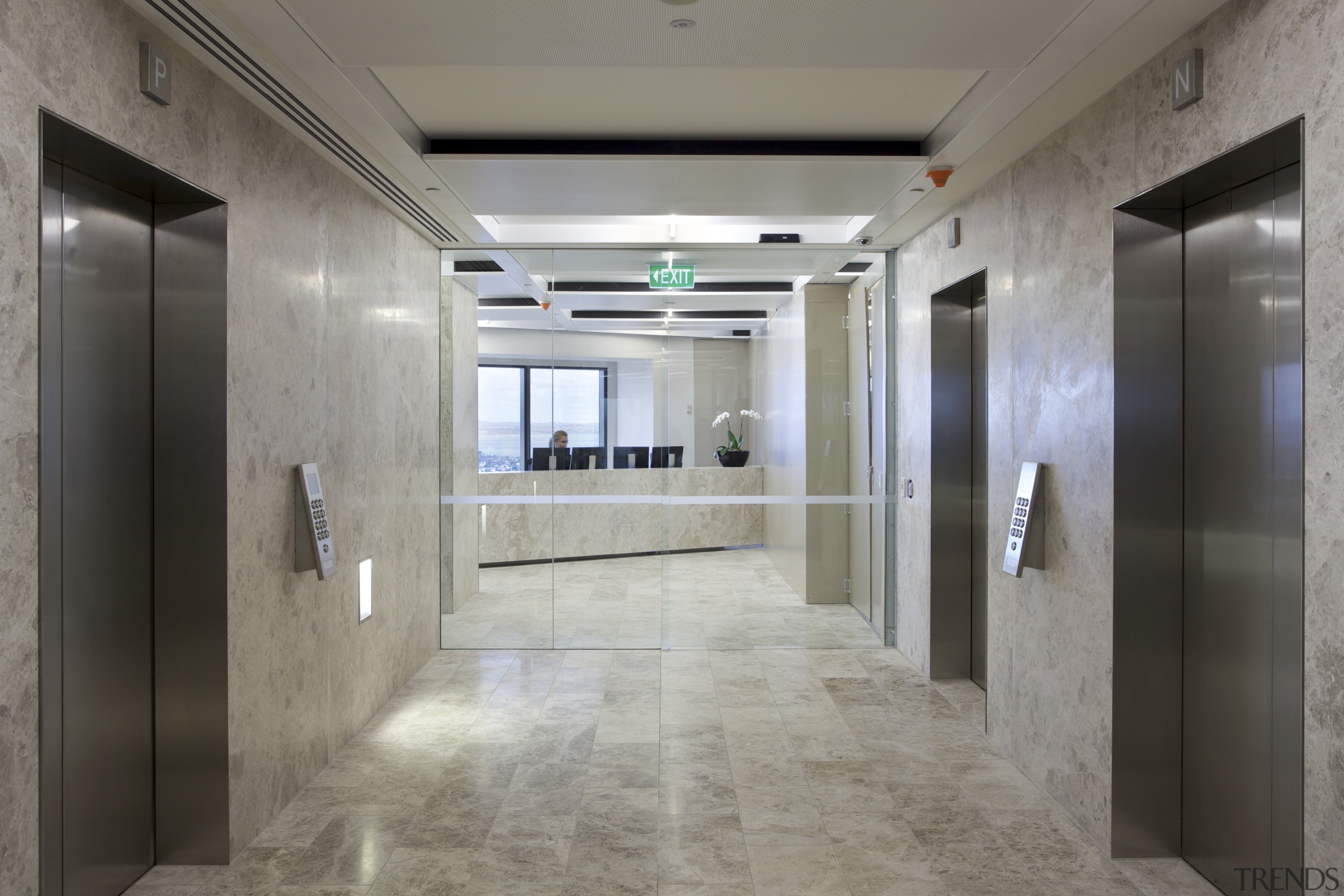 The ANZ Centre refurbishment was undertaken by Warren ceiling, floor, flooring, interior design, lobby, gray