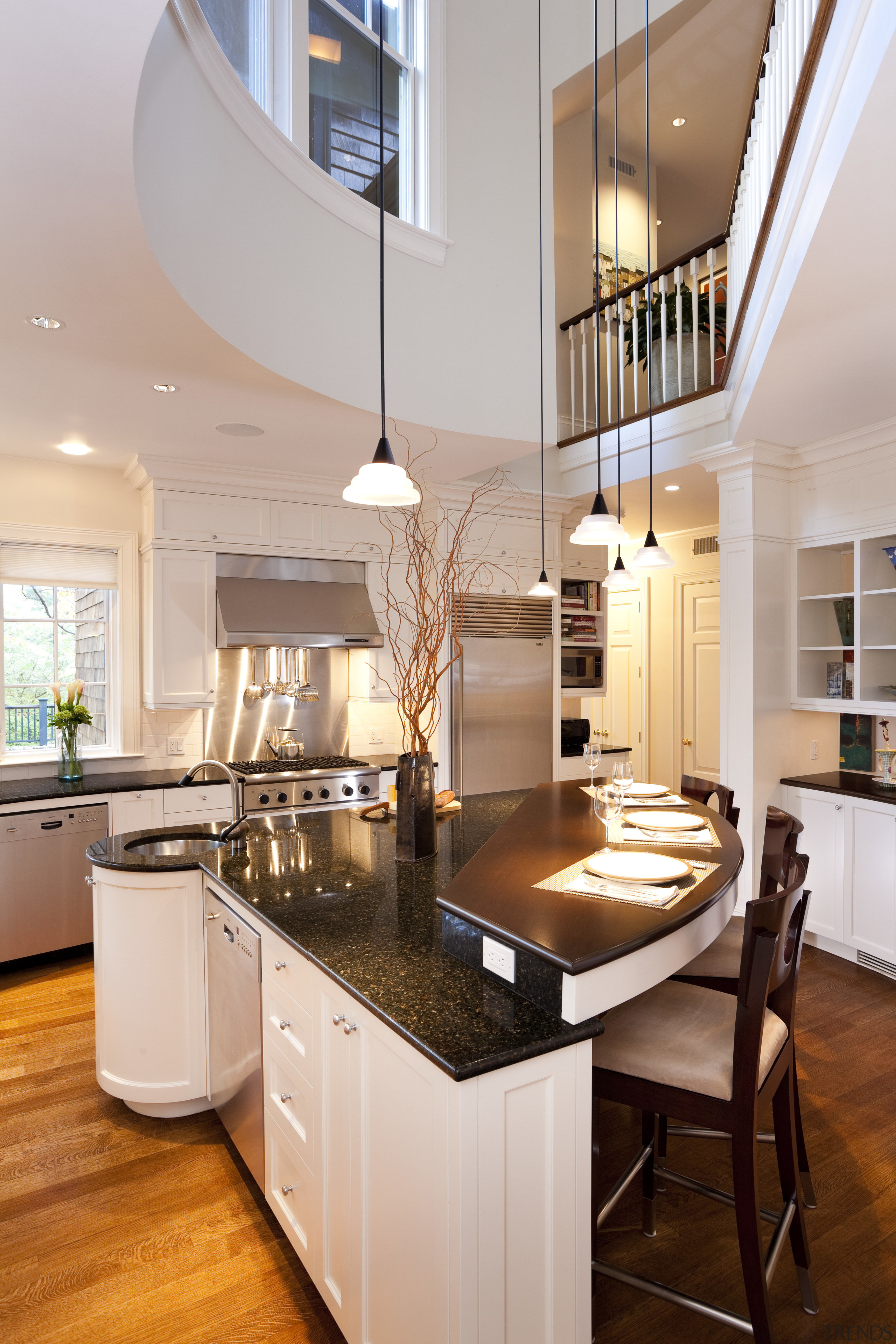 circular kitchen, white cabinets, dark benchtops, wooden floors. cabinetry, ceiling, countertop, cuisine classique, interior design, kitchen, room, gray