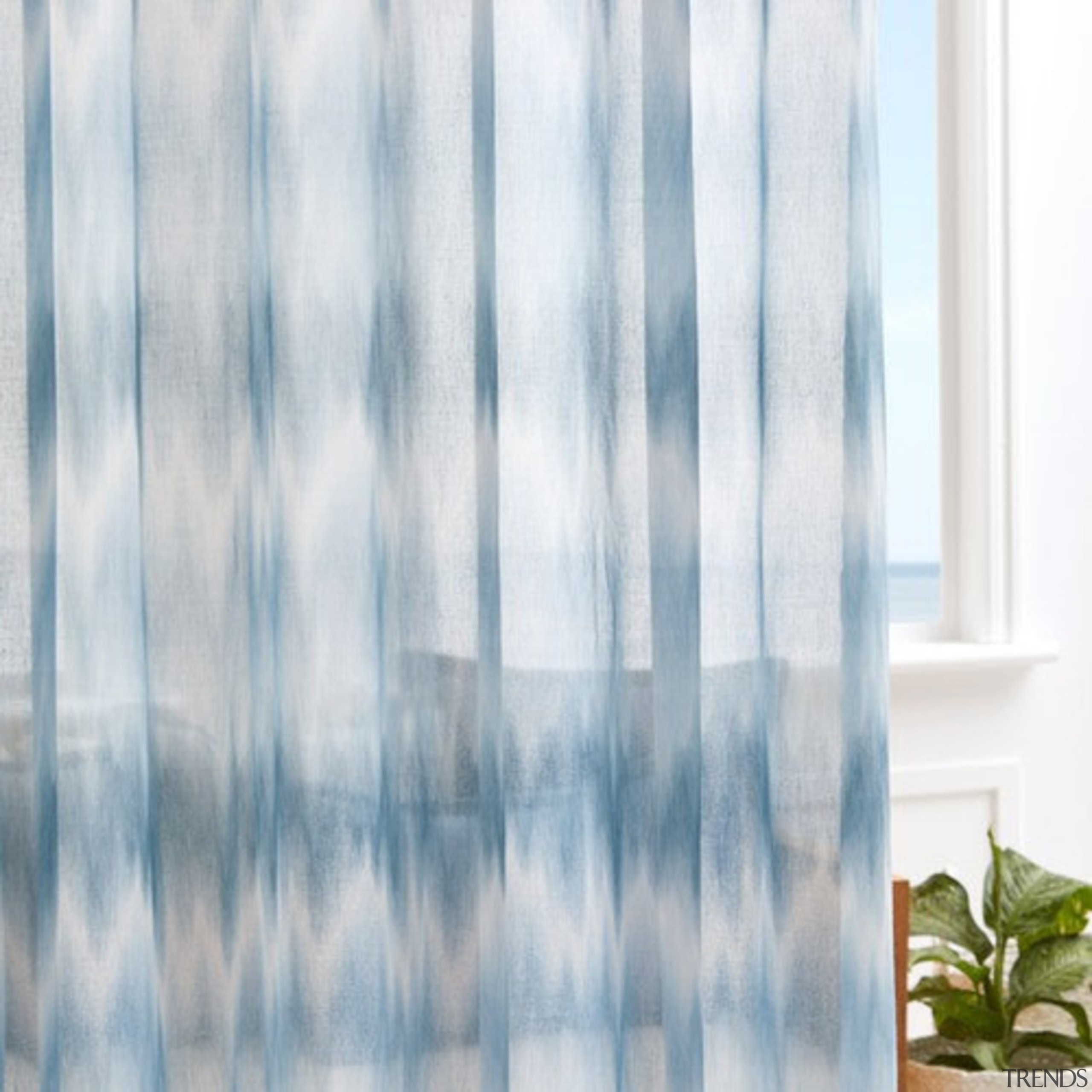 Serene and timeless, COAST combines a stylish ombre blue, curtain, interior design, textile, window, window covering, window treatment, gray, white