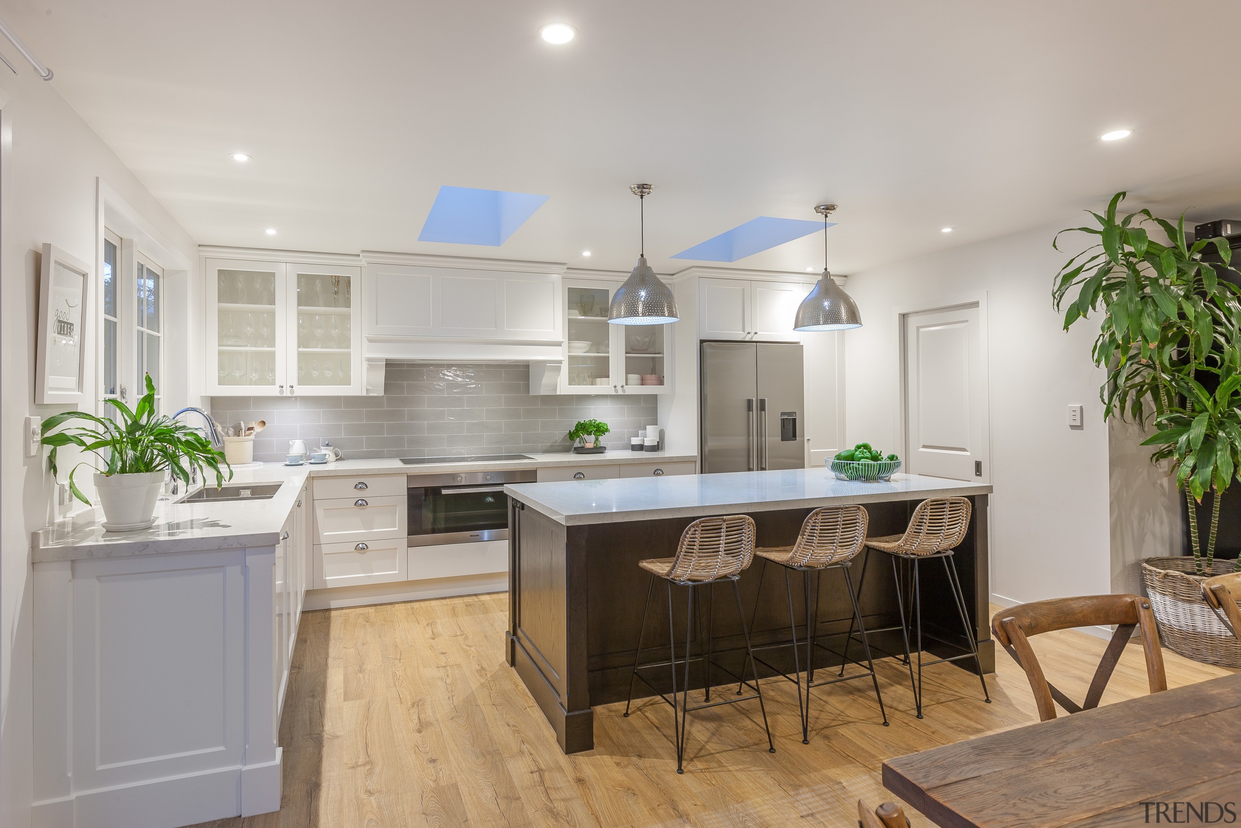 New skylights contribute to the light, airy feel countertop, cuisine classique, interior design, kitchen, real estate, room, gray