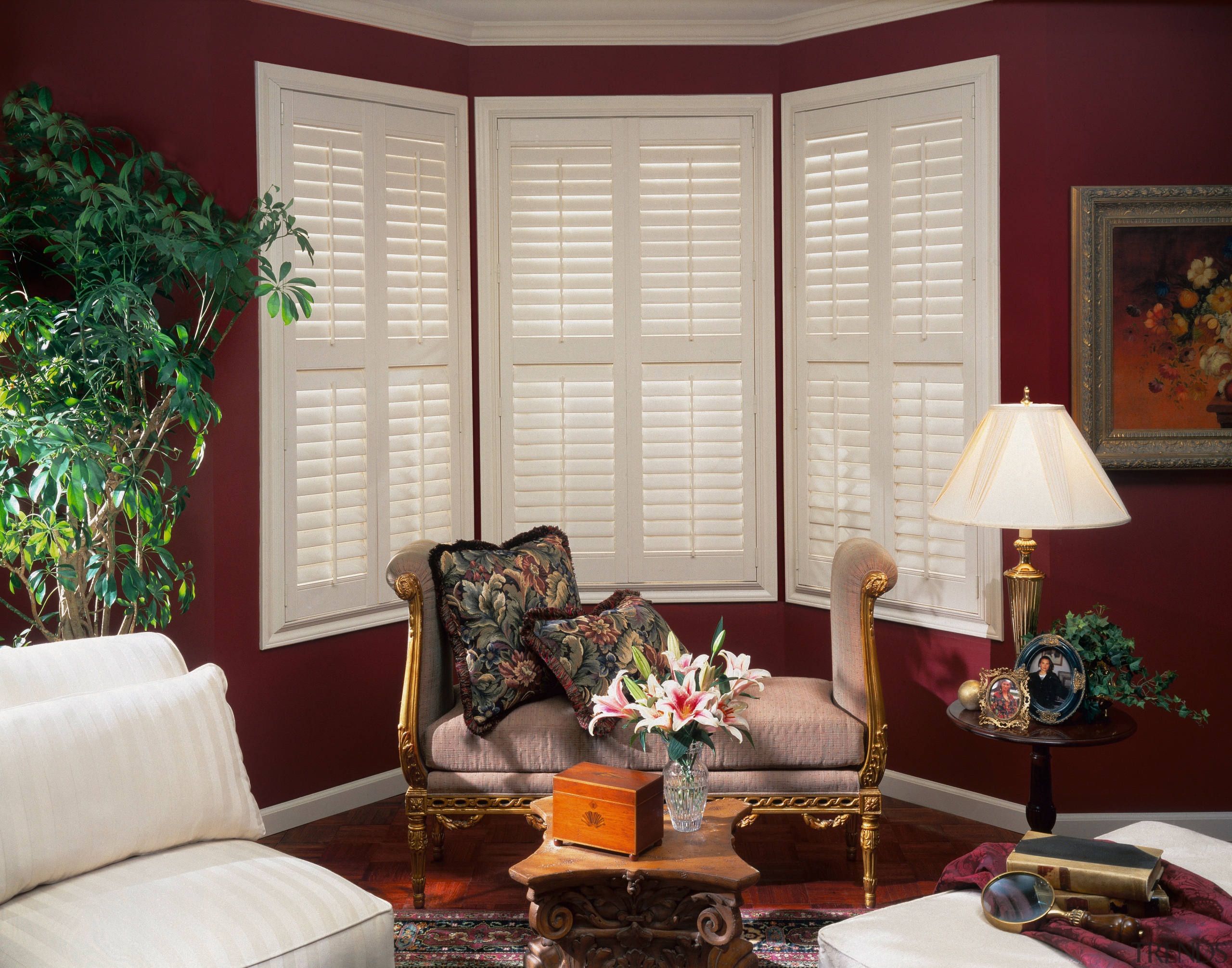 A view of a living area, red walls, couch, curtain, furniture, home, interior design, living room, room, shade, window, window blind, window covering, window treatment, wood, gray, red