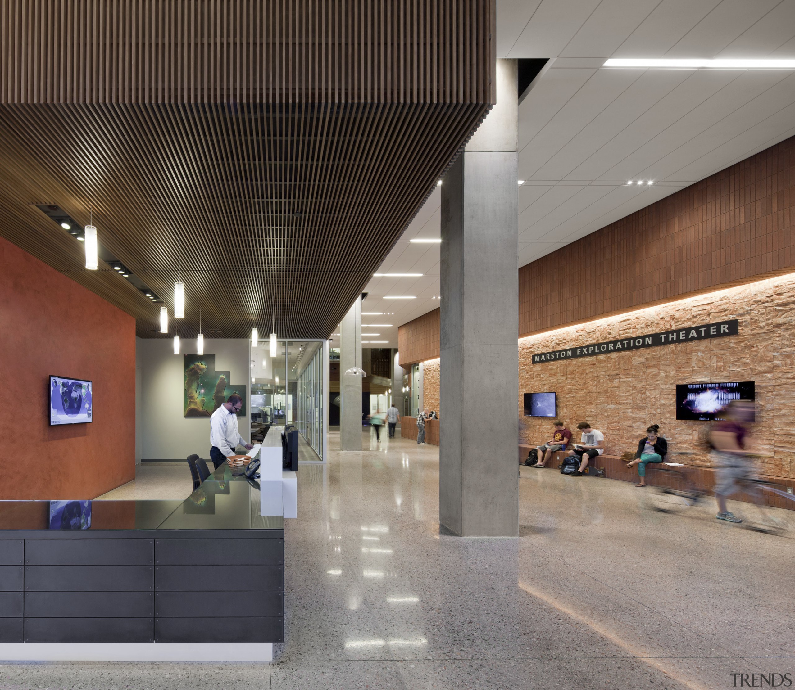 The reception counter of the ISTB building by architecture, ceiling, daylighting, interior design, lobby, gray, brown