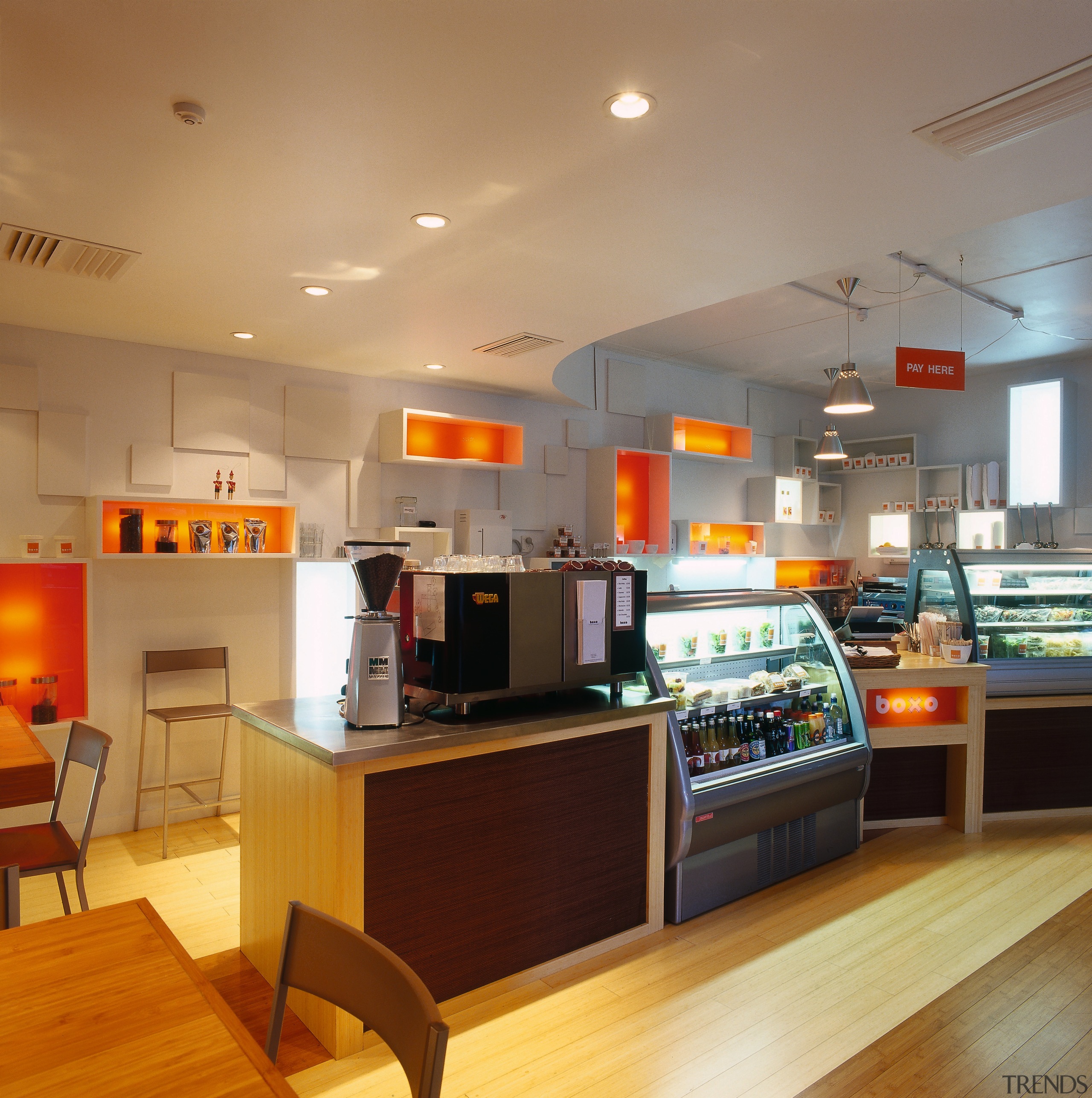 Counter area of food bar with timber cabinets, ceiling, interior design, kitchen, brown, orange
