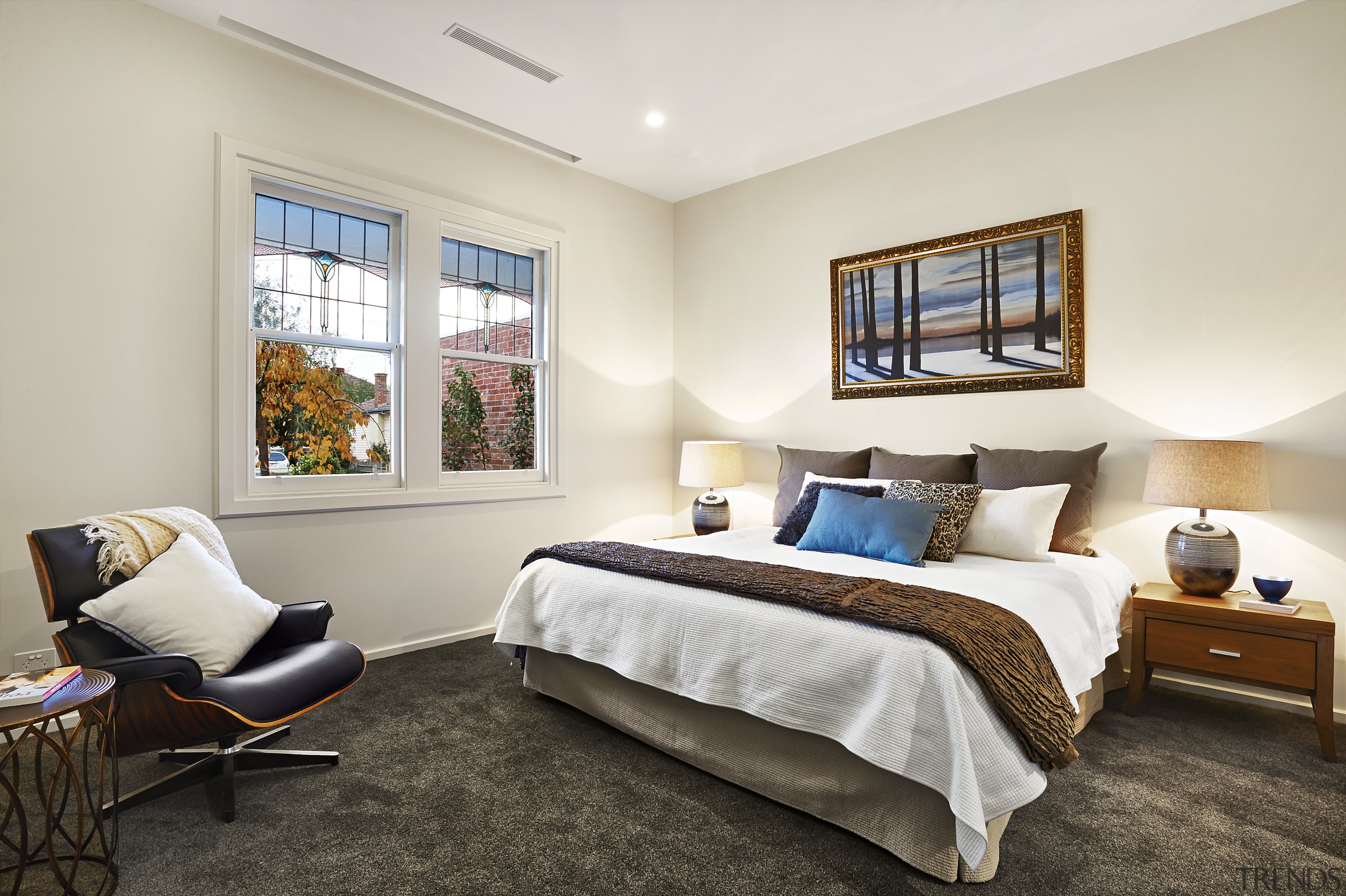 Leadlight windows in this California bungalow were restored bedroom, ceiling, estate, home, interior design, living room, property, real estate, room, window, white