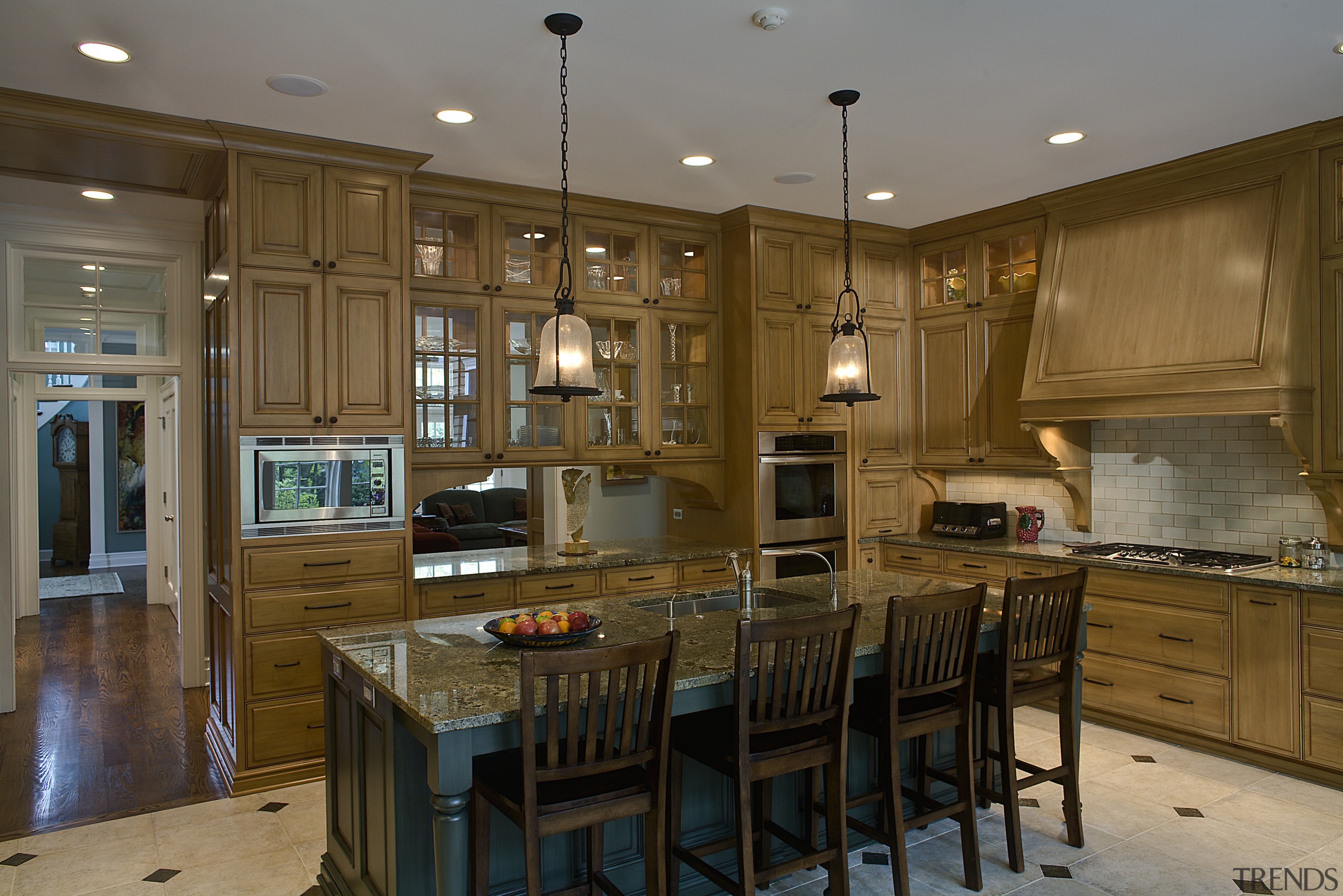 Image of kitchen recessed lighting and 2 hanging cabinetry, countertop, cuisine classique, interior design, kitchen, room, brown, gray