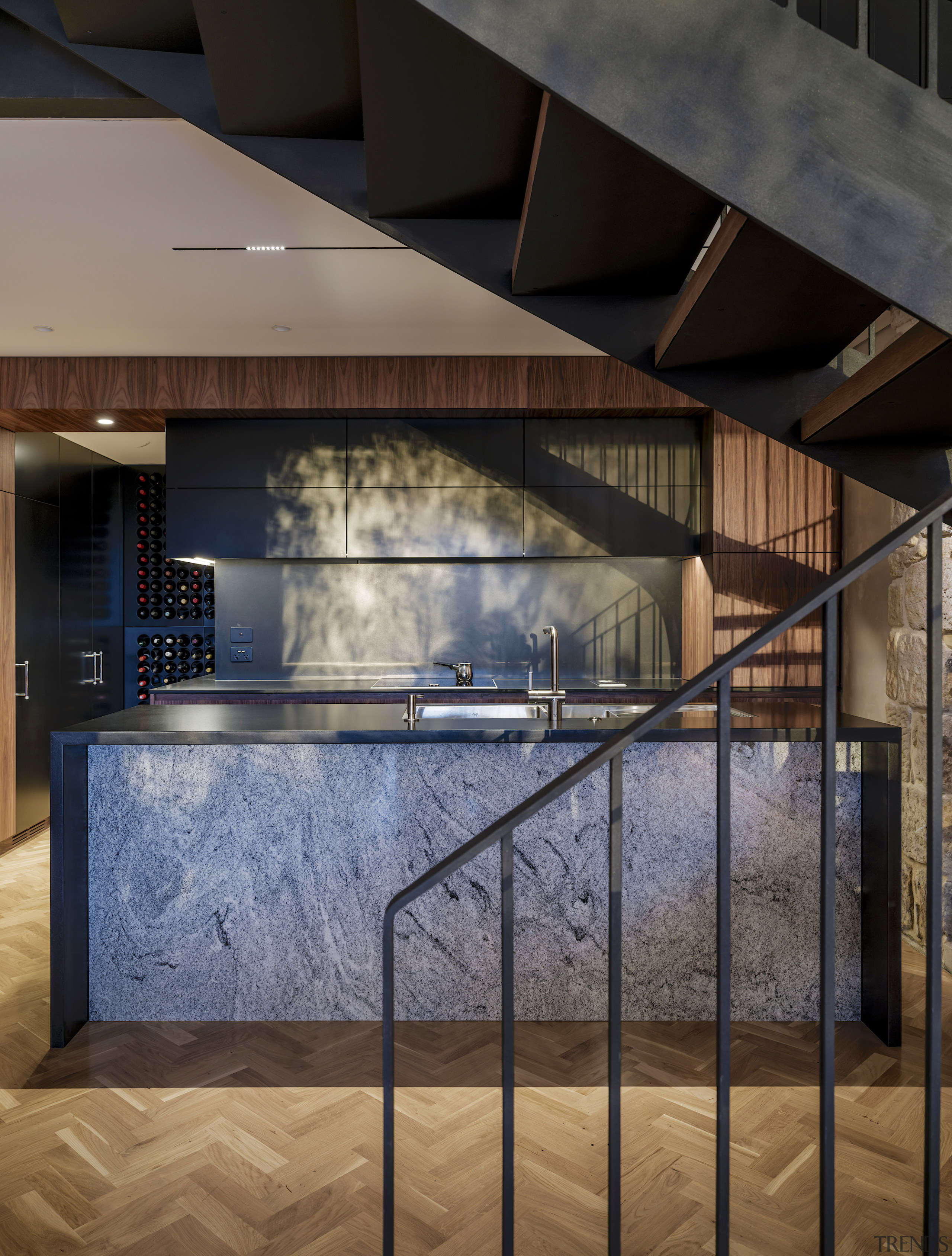 The island features a front panel made of 