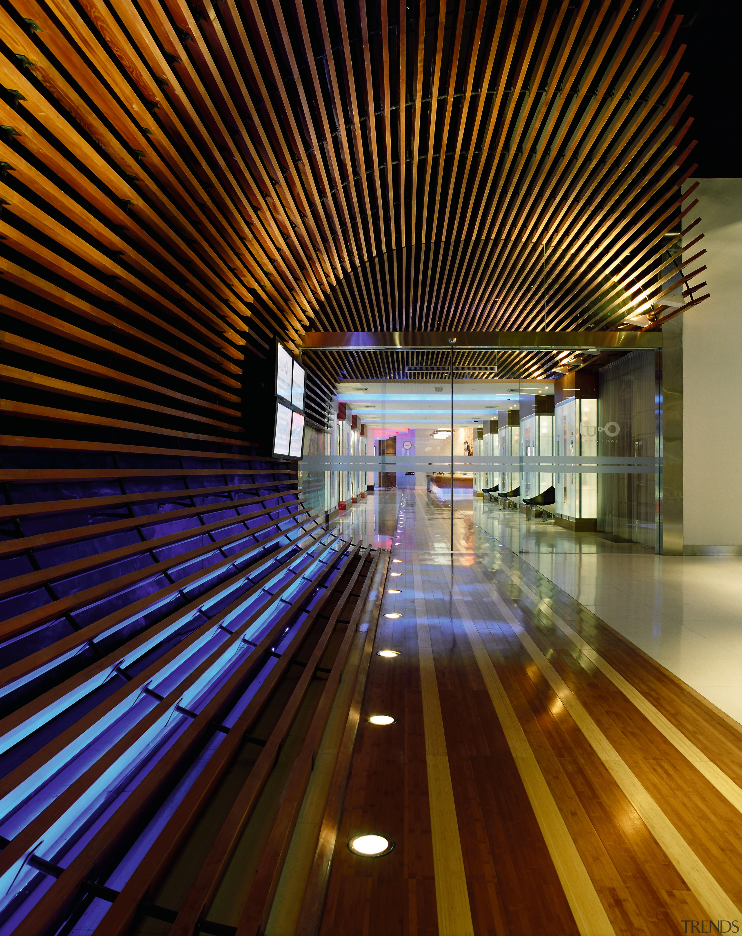 A view of the skytrain tunnel. - A architecture, ceiling, daylighting, infrastructure, light, lighting, line, metropolis, metropolitan area, reflection, structure, symmetry, brown, black