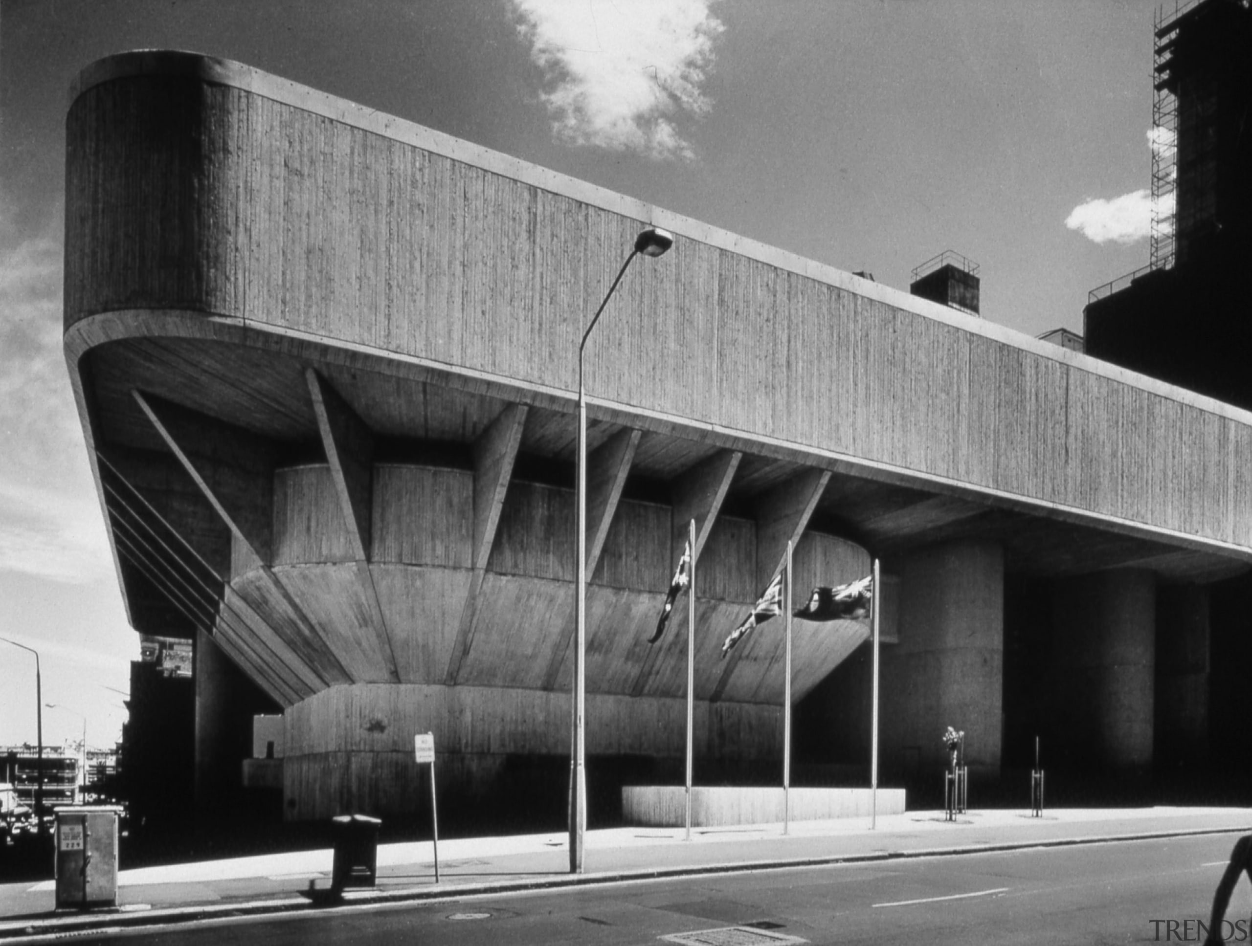 An exterior view of the original building. - arch, architecture, black and white, brutalist architecture, building, facade, fixed link, infrastructure, metropolitan area, monochrome, monochrome photography, structure, gray, black