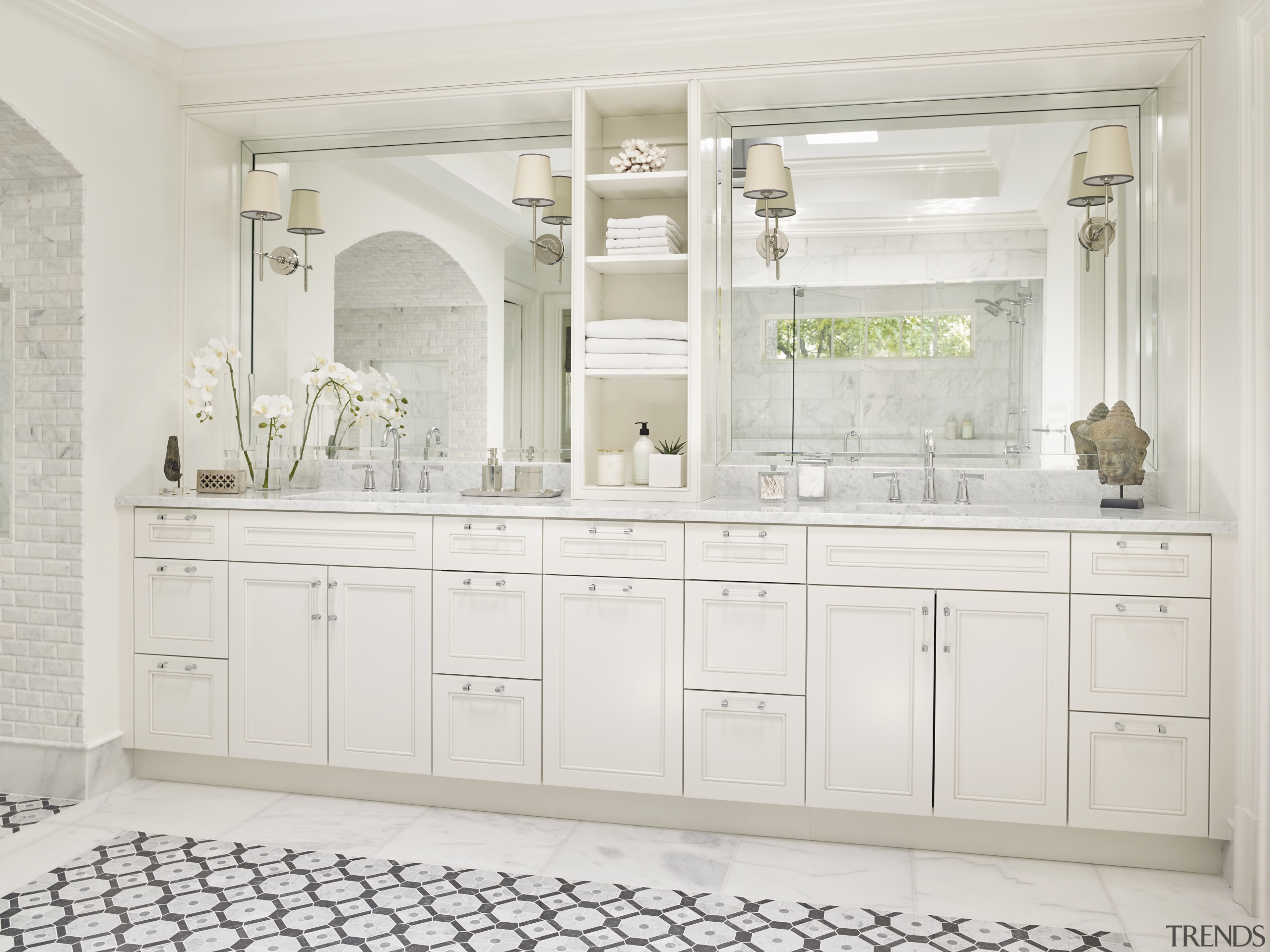 ​​​​​​​Cabinetry in this large vanity is finished in bathroom, bathroom accessory, bathroom cabinet, cabinetry, furniture, interior design, basin, tap, white, traditional, Mark Williams Design