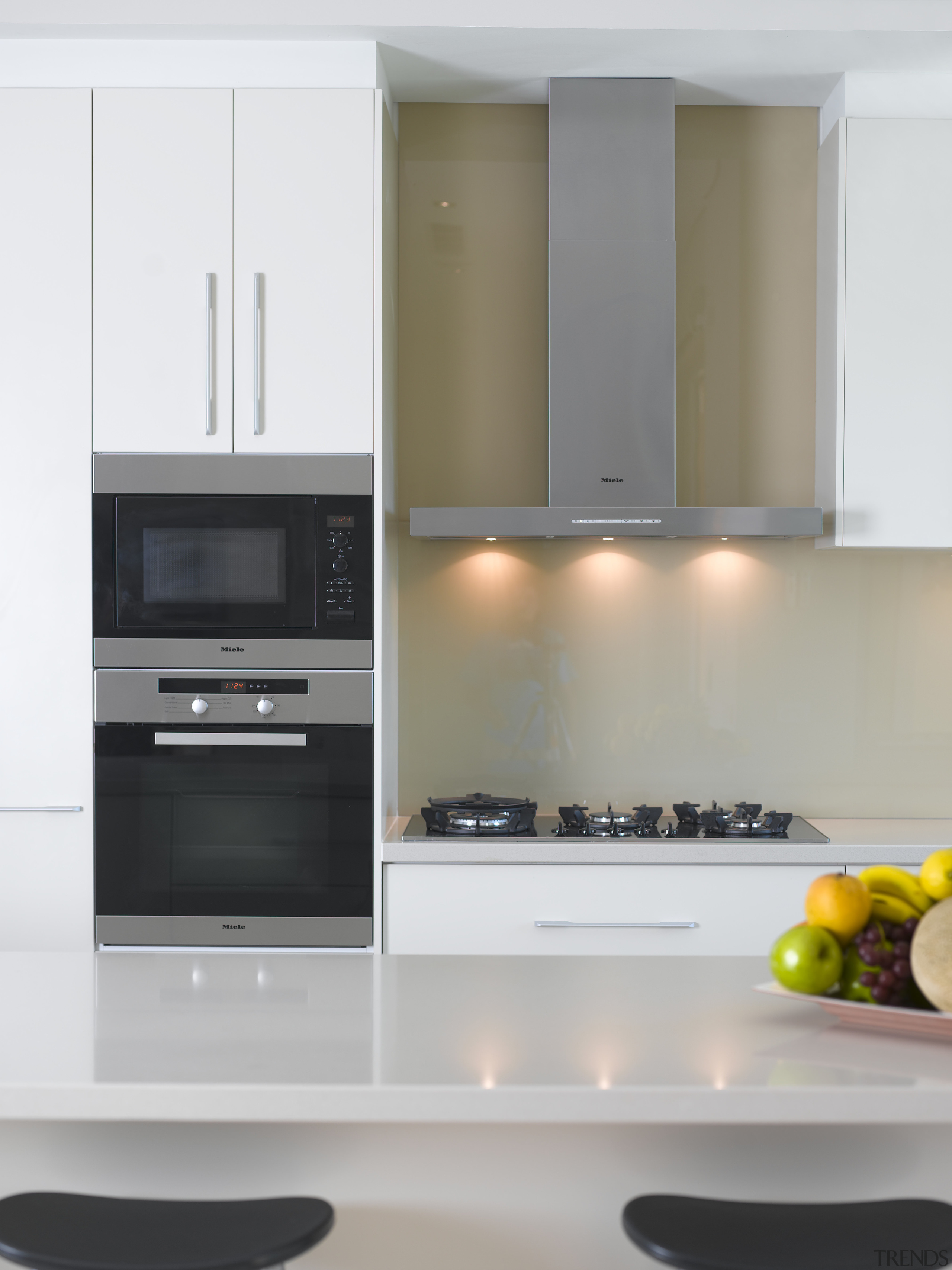 View of kitchen which features a Miele oven, cabinetry, countertop, home appliance, interior design, kitchen, kitchen appliance, kitchen stove, product design, gray, white