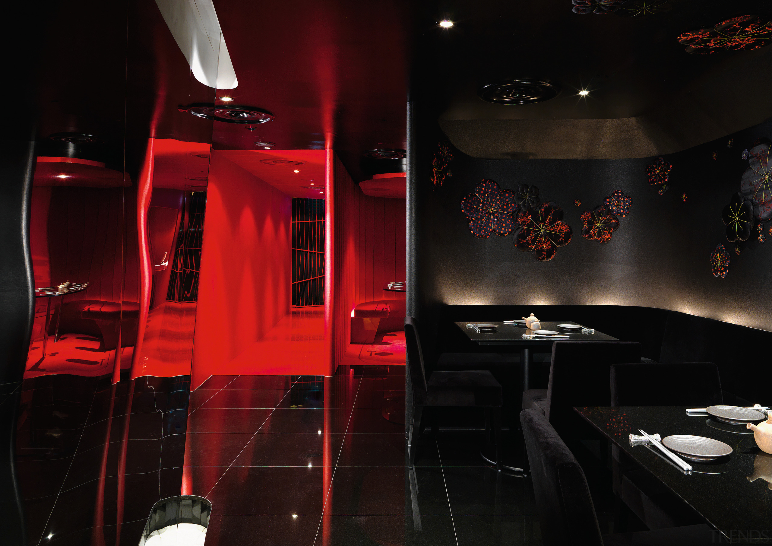 Passing through the deep red entrance and dinning interior design, lighting, restaurant, black