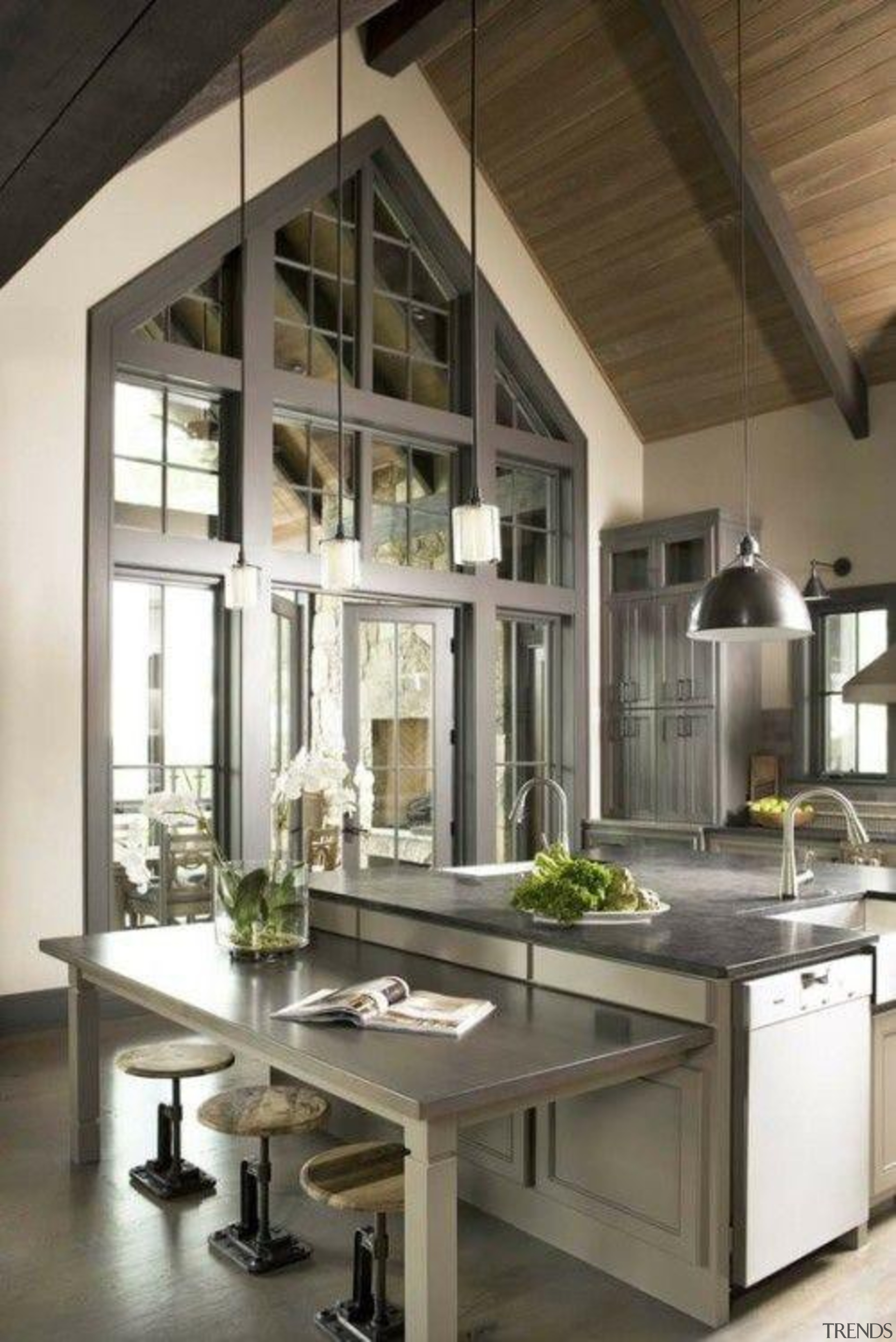 Statement Windows - When Country met Industrial - ceiling, countertop, interior design, kitchen, table, brown, gray, white