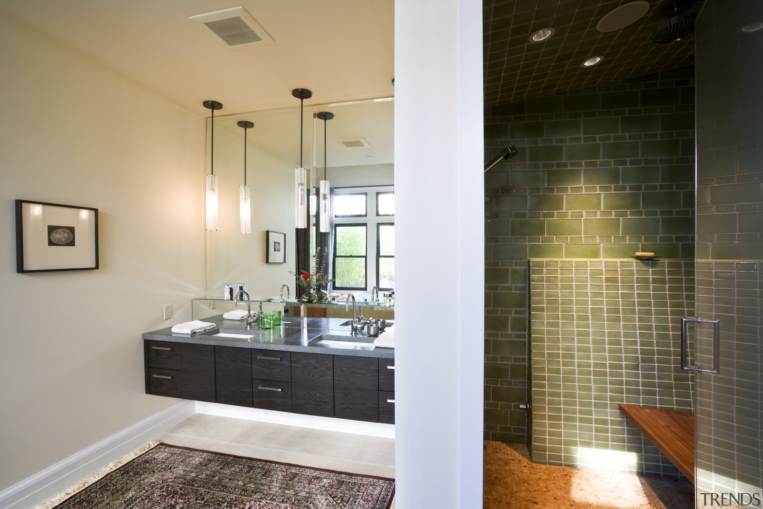 View of vanity and shower enclosure with concrete architecture, bathroom, ceiling, home, interior design, real estate, room