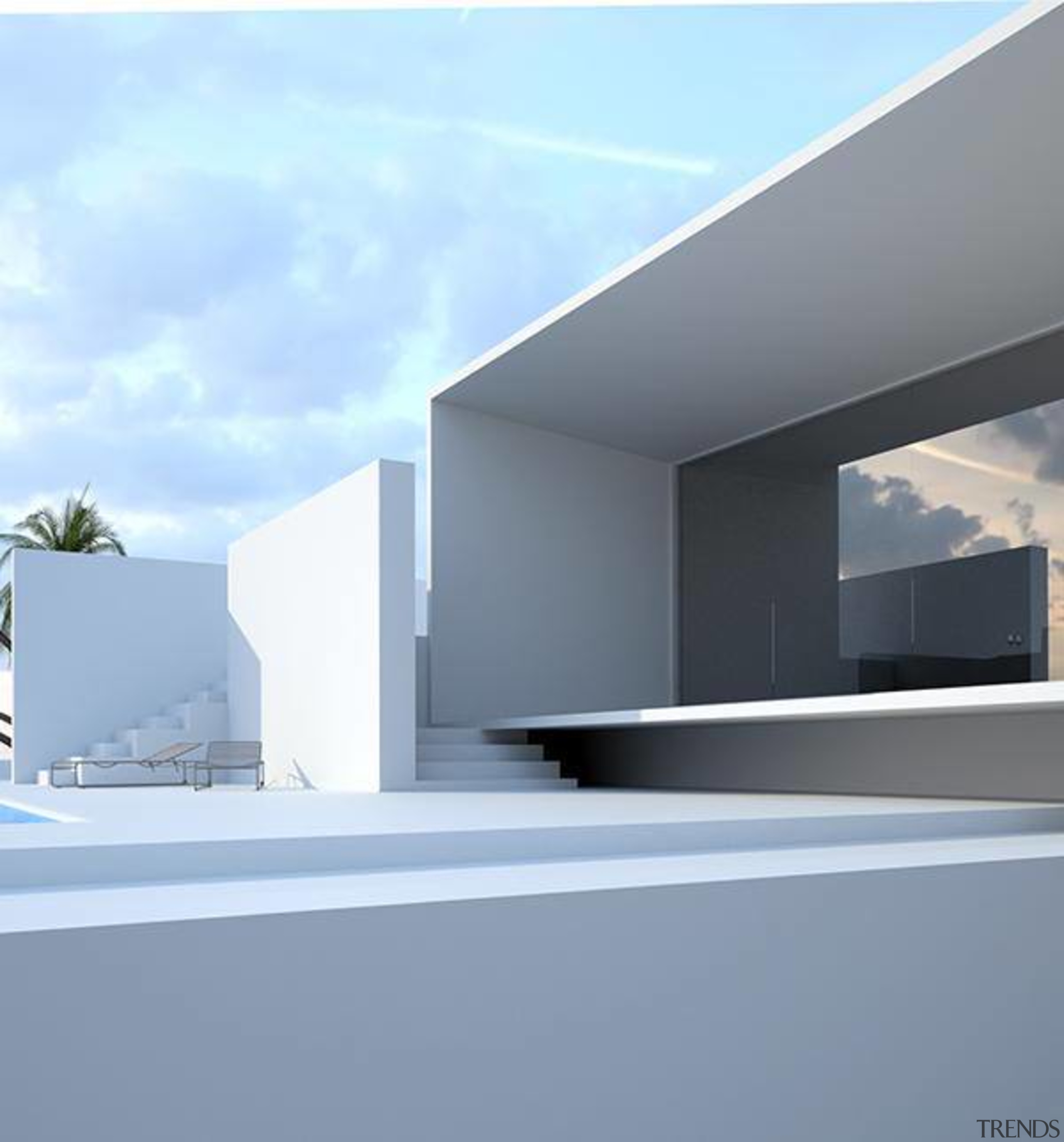 All white exteriors give a Mediterranean feel to architecture, daylighting, elevation, facade, house, product design, sky, teal, gray
