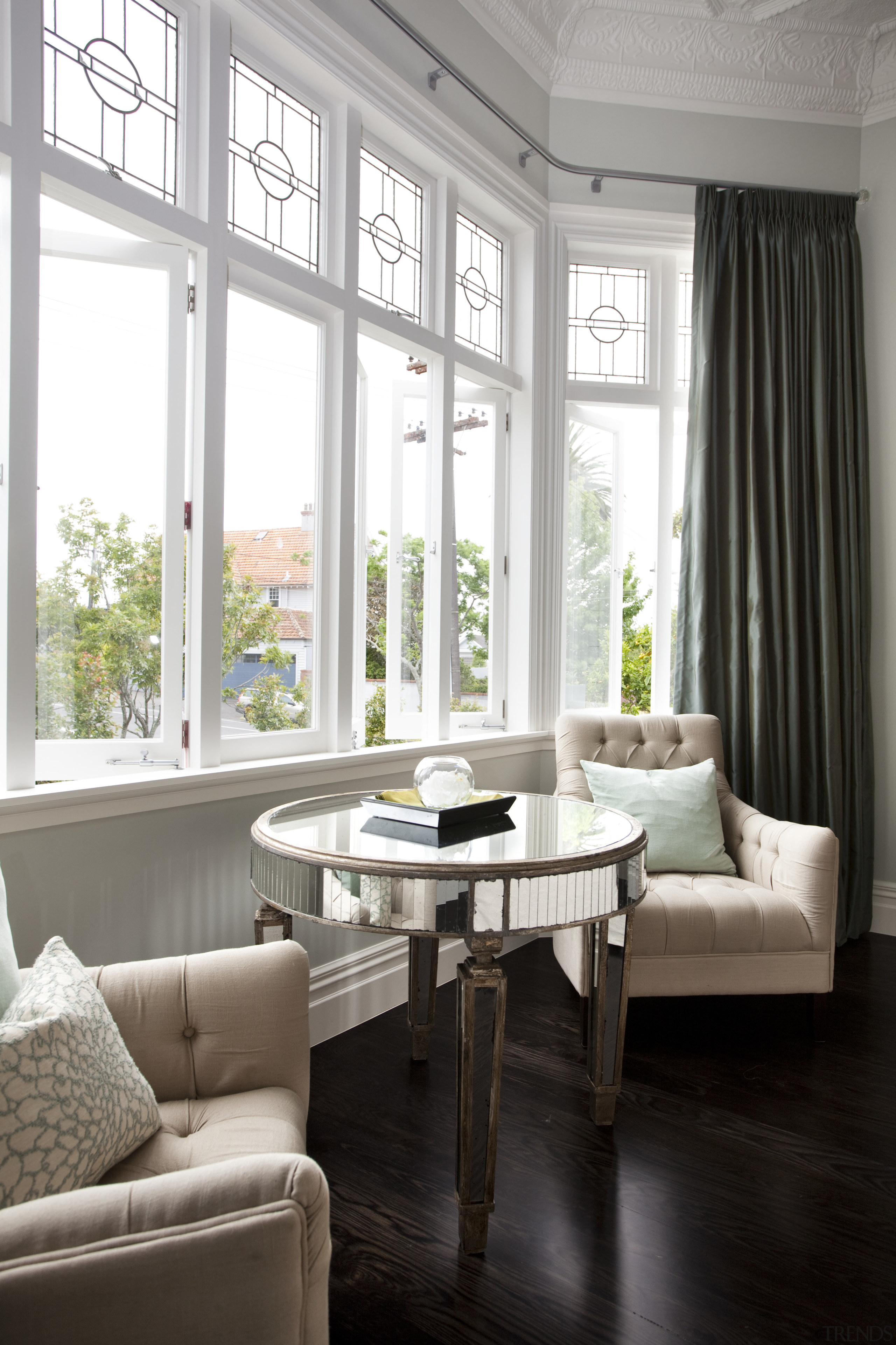 Windows in the formal living room of this ceiling, coffee table, couch, curtain, furniture, home, interior design, living room, room, table, window, window covering, window treatment, white, gray, black