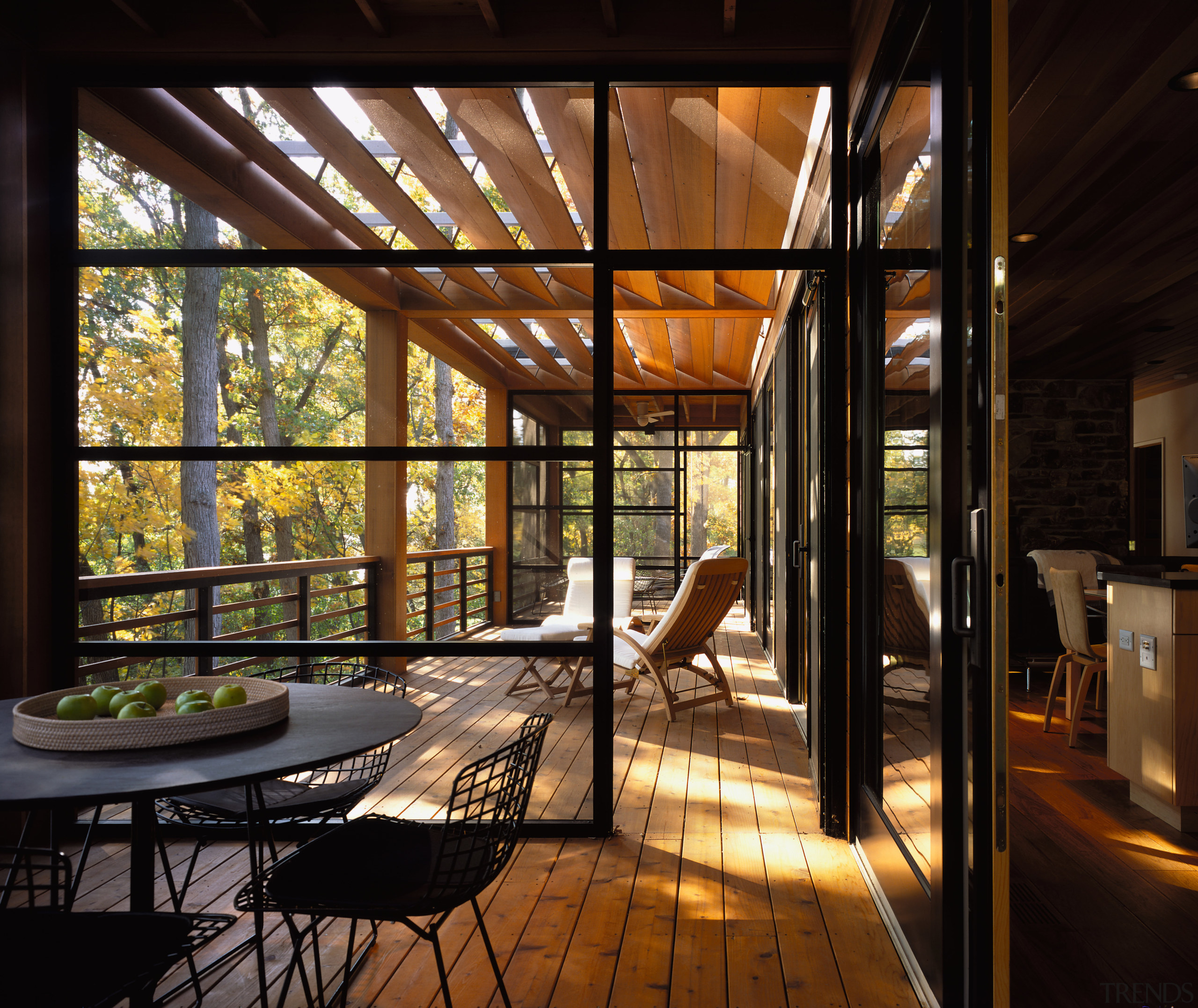 view of this open plan deck that look architecture, home, house, interior design, real estate, window, wood, black, brown