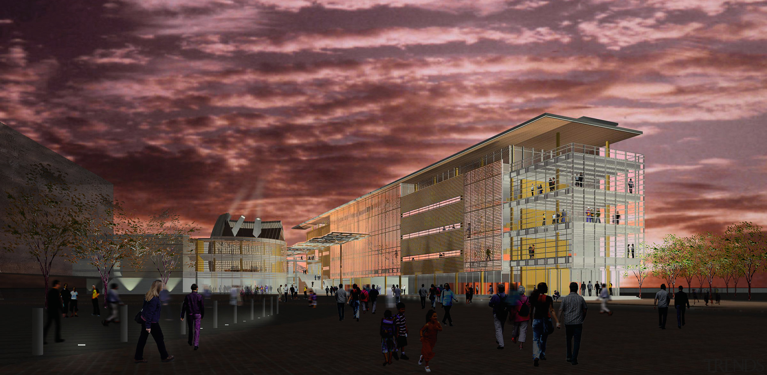 Exterior view of Civic Centre buillding. - Exterior architecture, building, city, cloud, dusk, evening, landmark, metropolis, mixed use, morning, reflection, sky, structure, sunset, tourist attraction, urban area, red, black