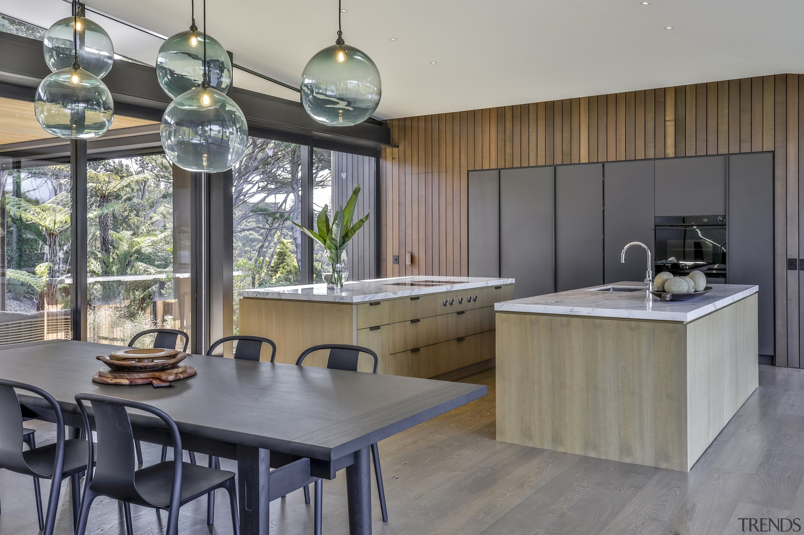 The well-connected kitchen is open to the dining 