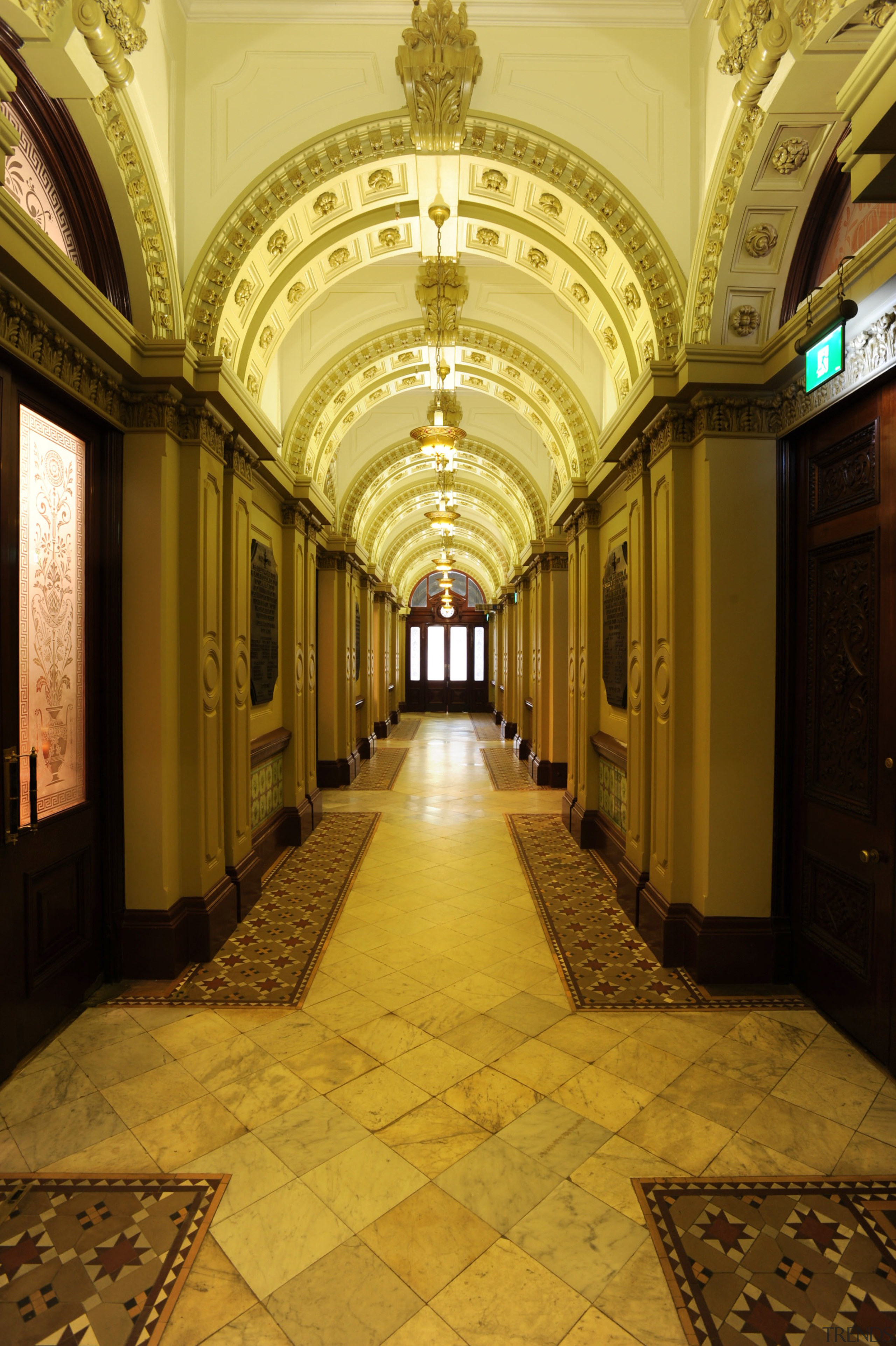 View of the renovated Sydney town hall featuring arcade, arch, architecture, column, symmetry, tourist attraction, brown, orange