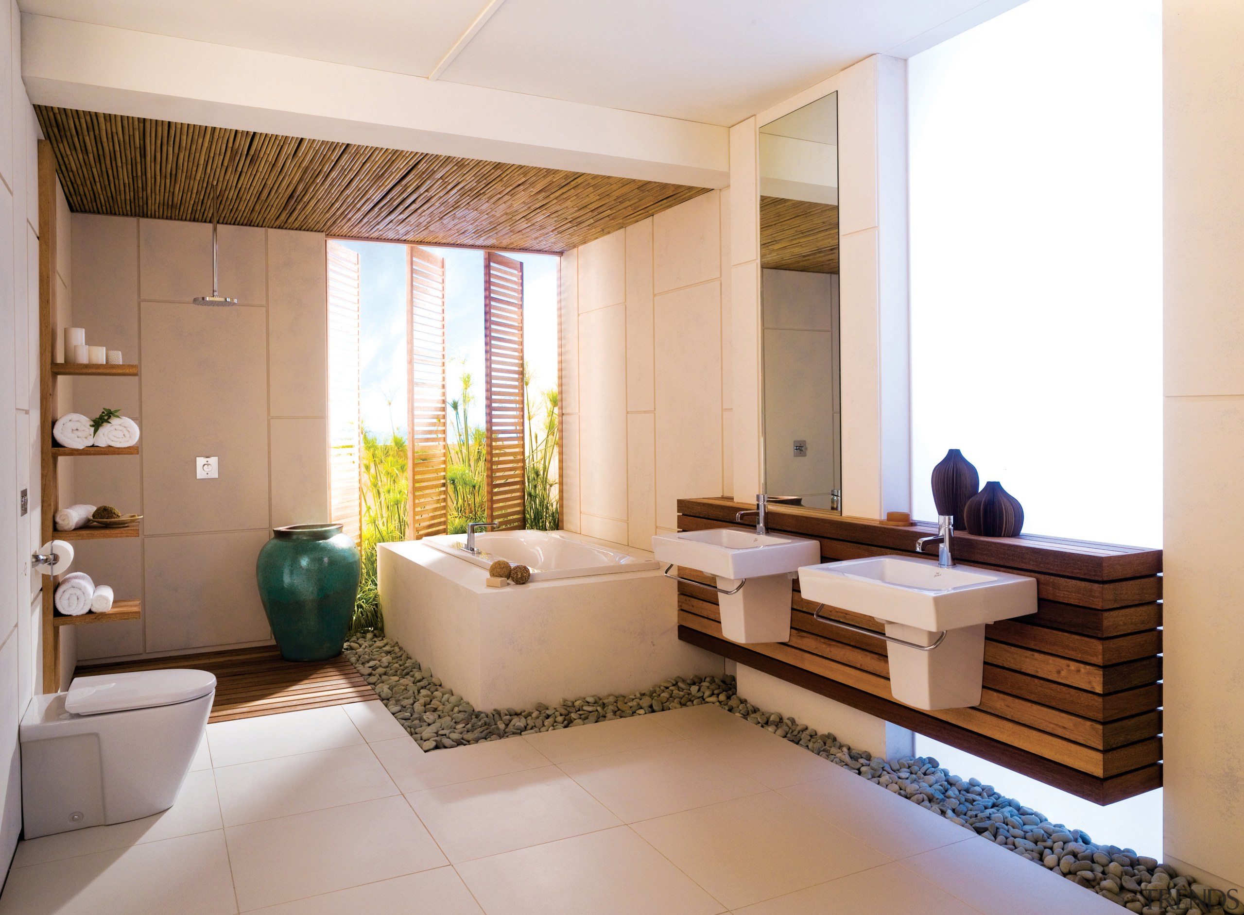 View of a bathroom which features wall-hung basins bathroom, floor, interior design, living room, real estate, room, white