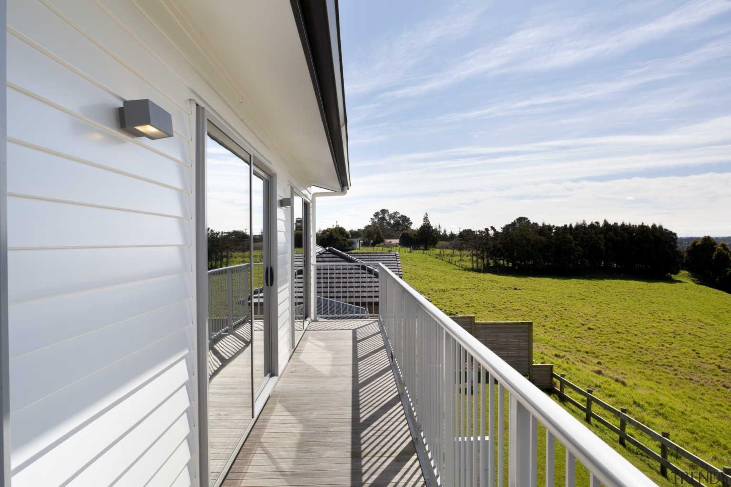 Exterior view from the upper deck - Exterior apartment, balcony, cottage, deck, handrail, home, house, outdoor structure, porch, property, real estate, window, white
