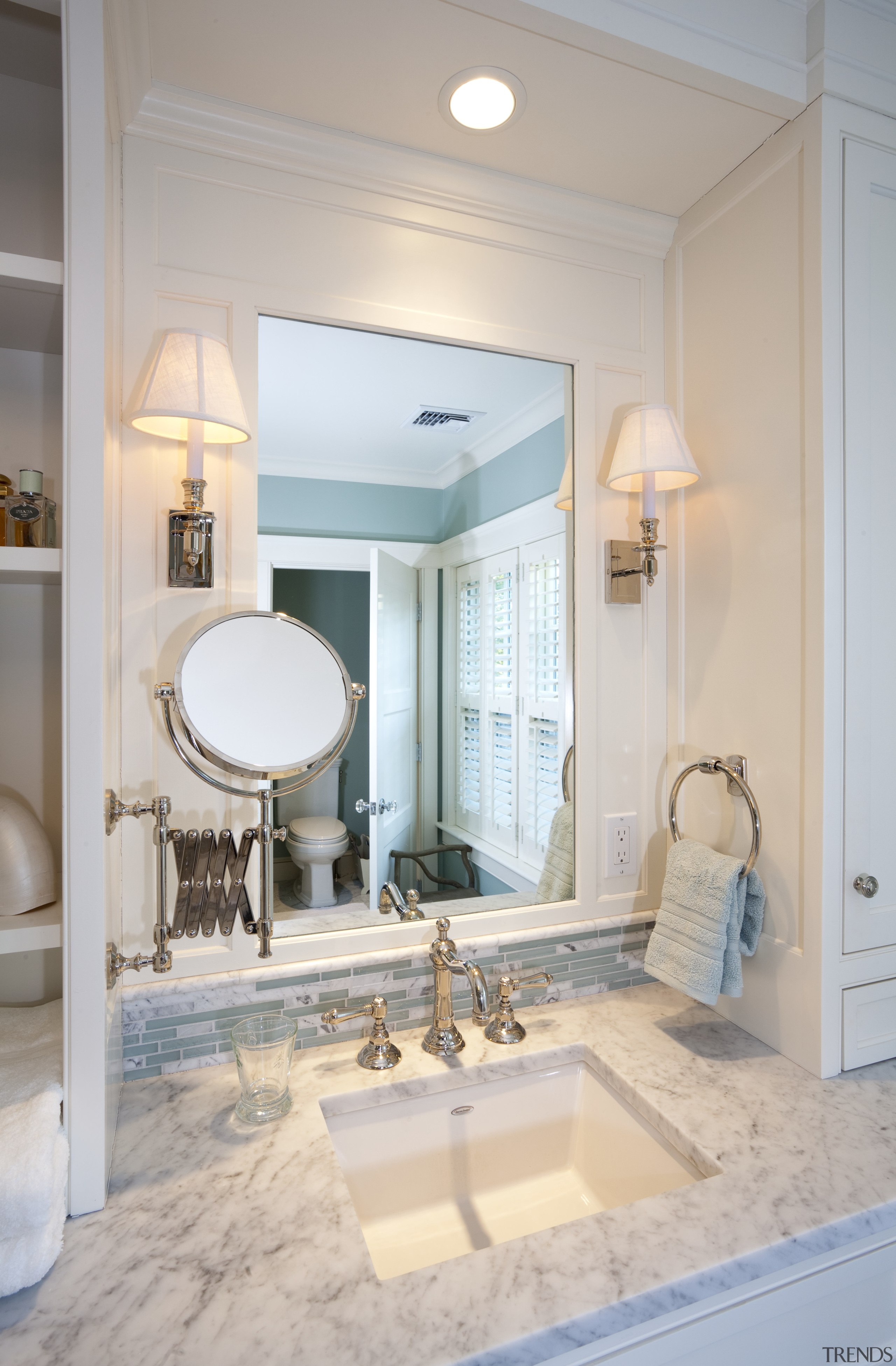 View of marble topped vanity with wall mirror bathroom, ceiling, countertop, floor, home, interior design, room, sink, window, gray