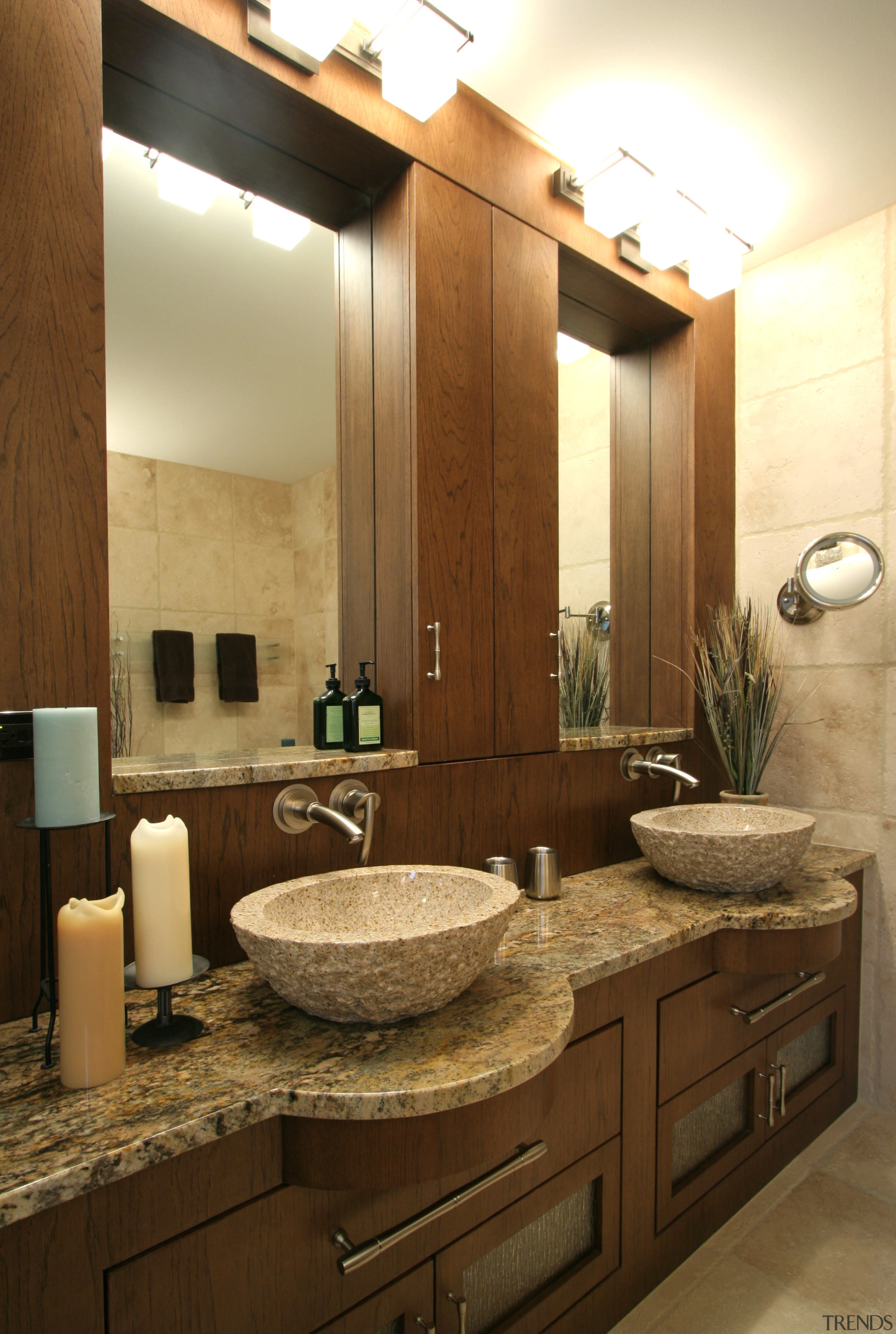 Image of bathroom which features two basins and bathroom, cabinetry, countertop, interior design, room, sink, brown