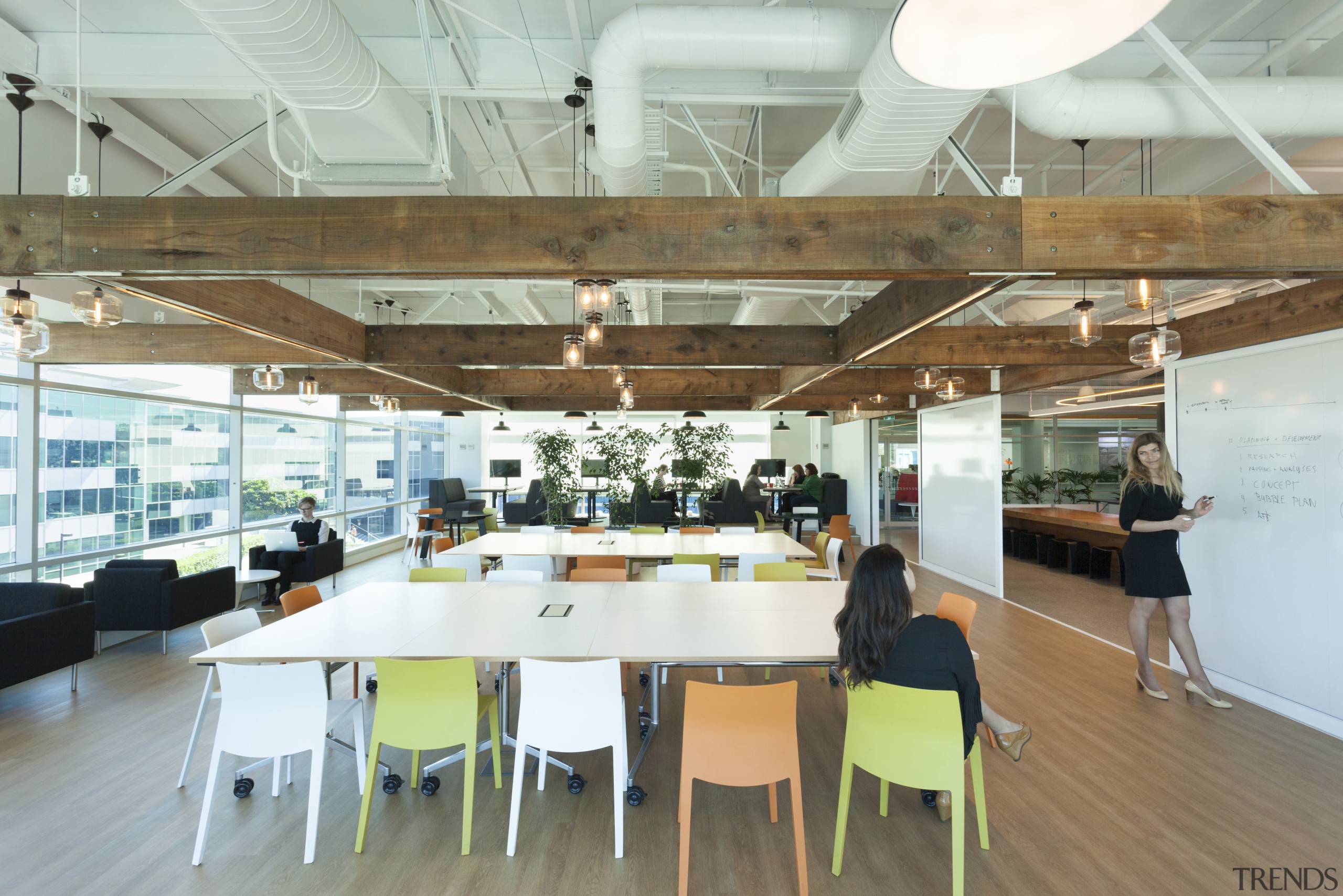 A macrocarpa pergola in the Z Energy fit-out ceiling, daylighting, institution, interior design, office, white, brown