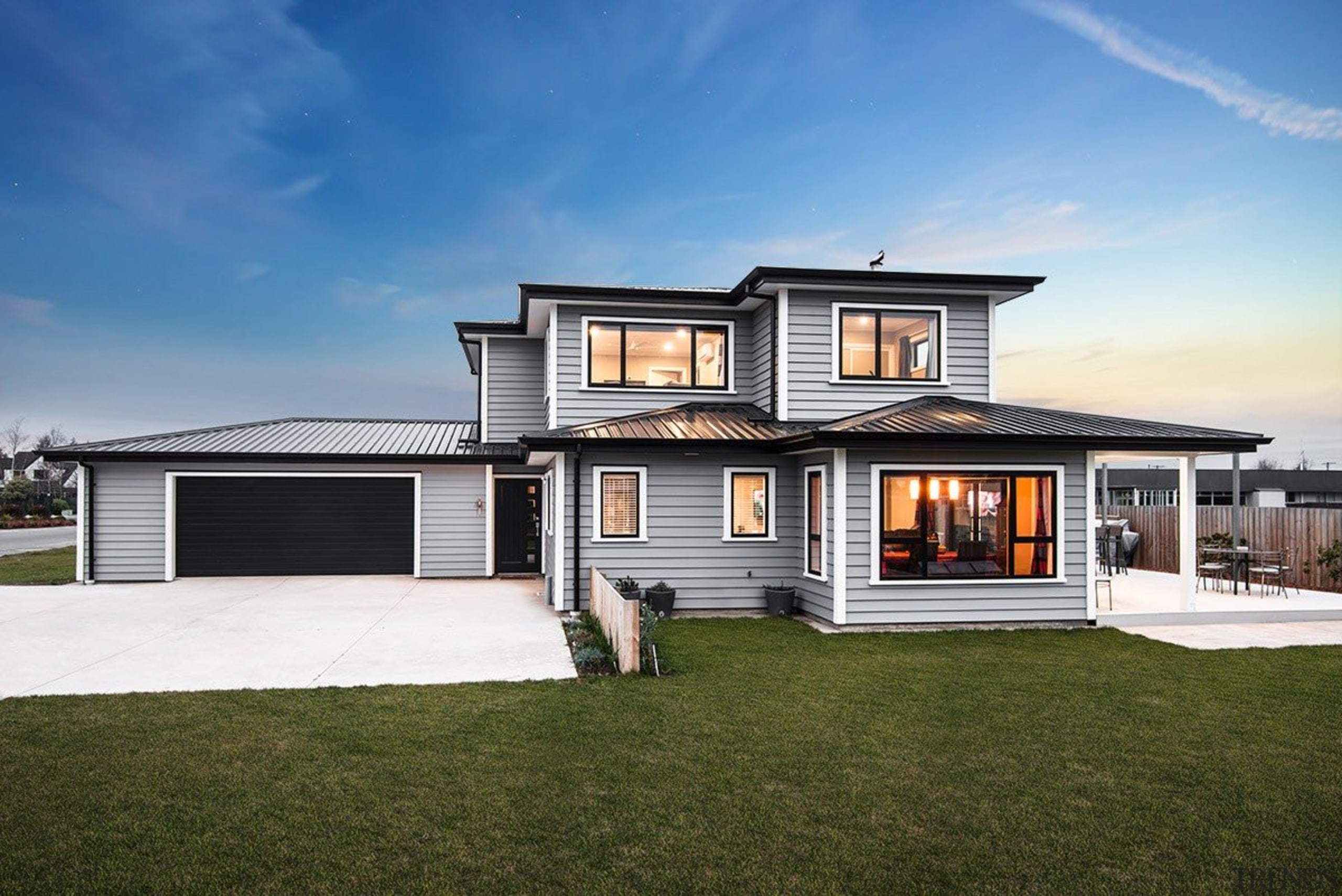 Sitting prominently in a new Mid-Canterbury subdivision this elevation, estate, facade, home, house, property, real estate, residential area, siding, sky, brown, teal