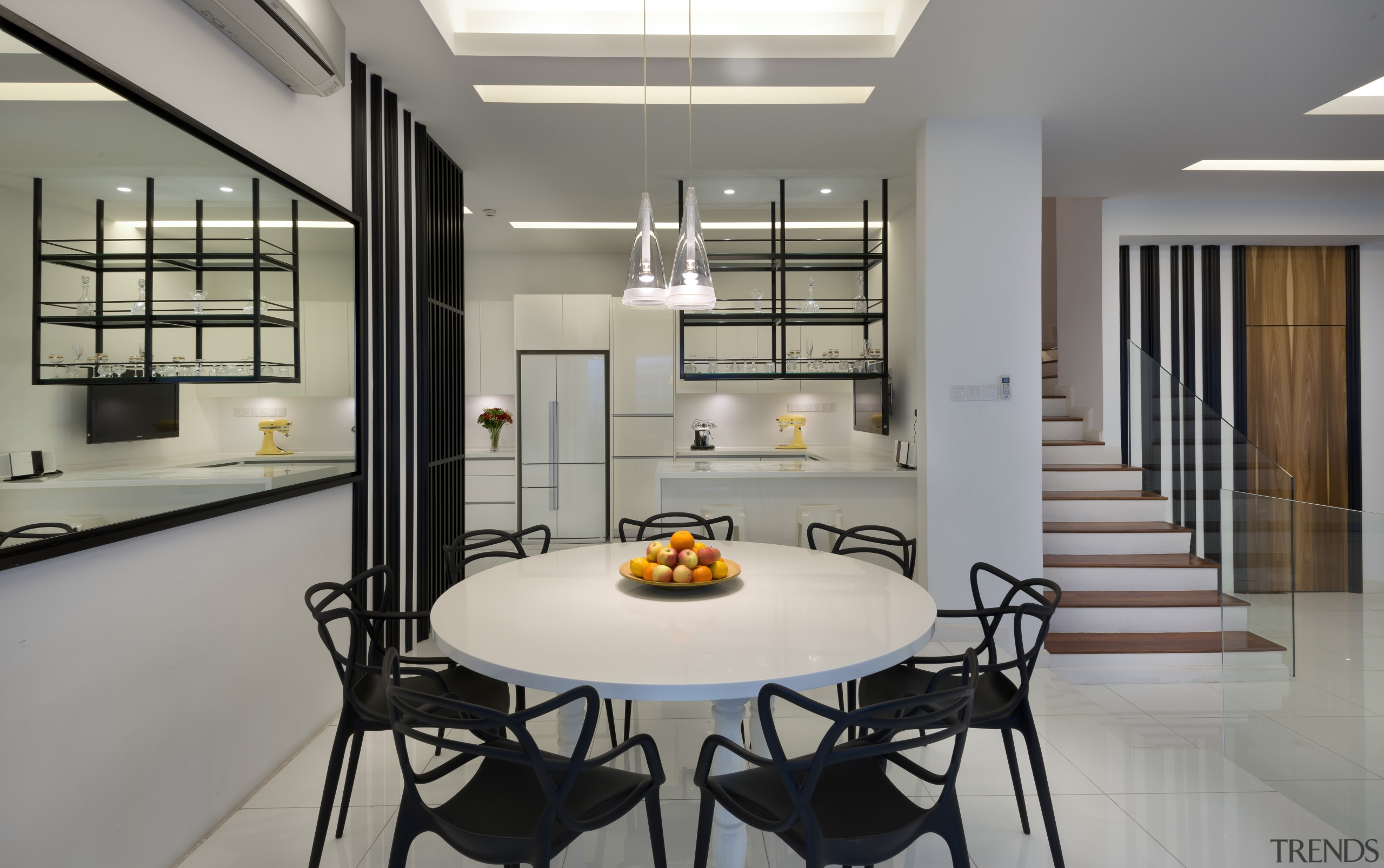 Dining area and kitchen within open-plan interior of dining room, interior design, kitchen, gray