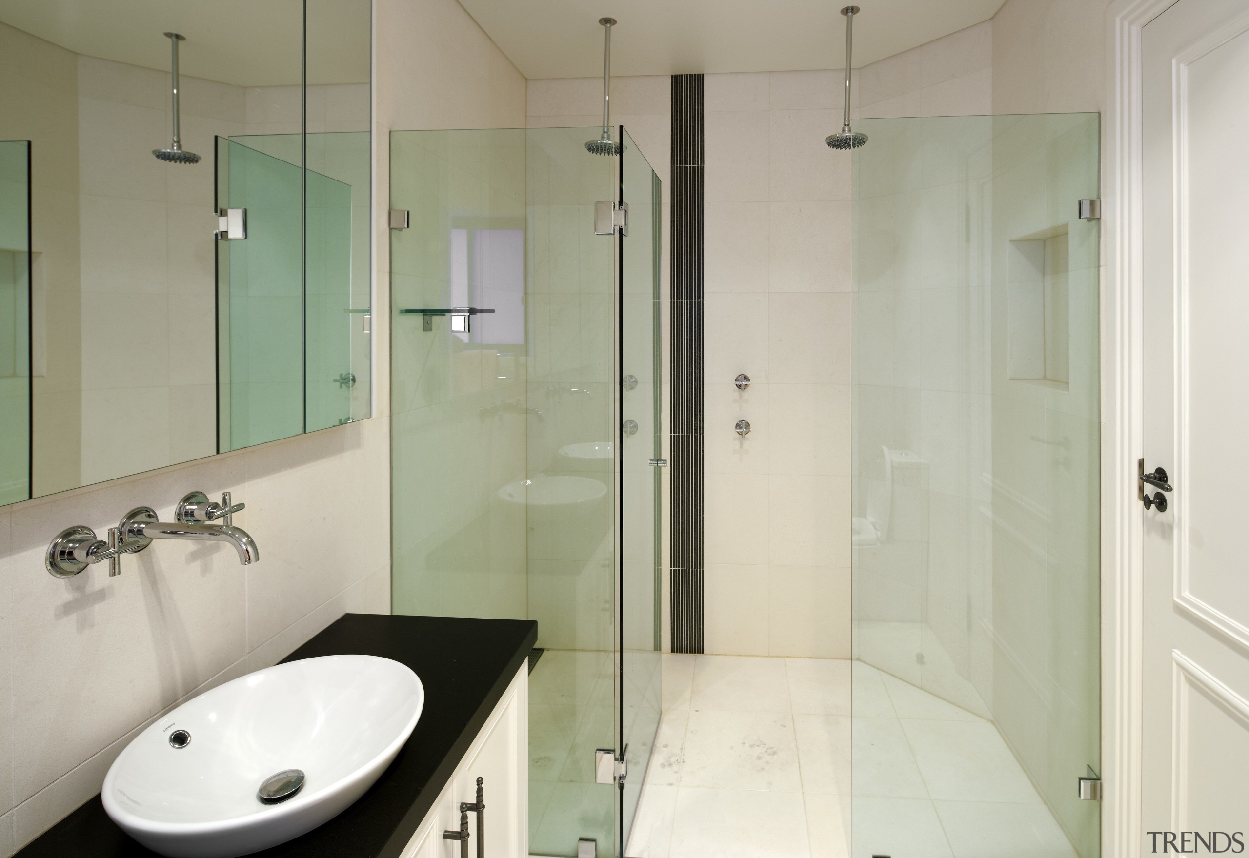 View of this contemporary home - View of bathroom, bathroom accessory, bathroom cabinet, floor, glass, interior design, plumbing fixture, property, room, gray