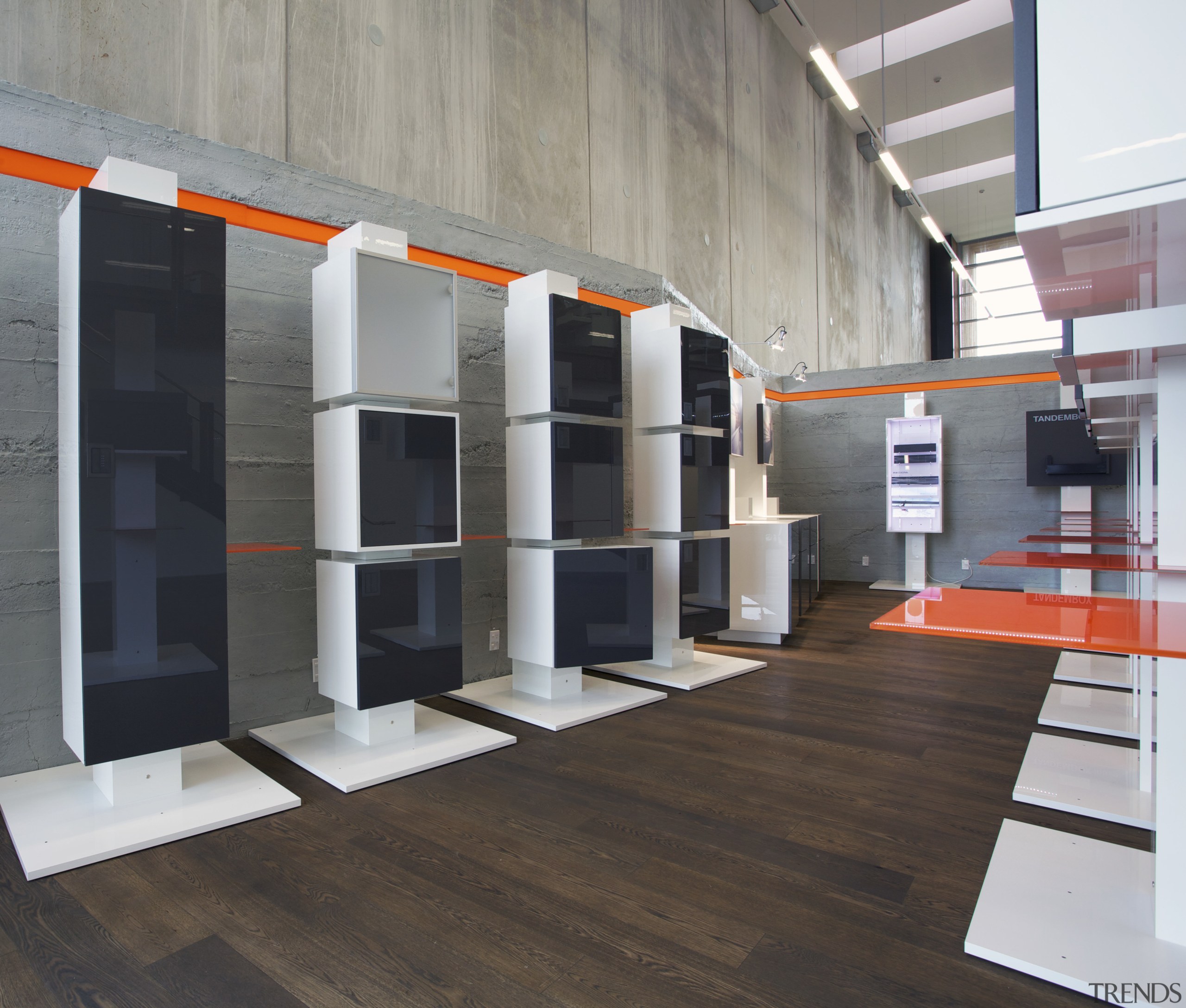 KItchen showroom display showing different types of cabinetry. floor, flooring, furniture, interior design, product design, gray, black