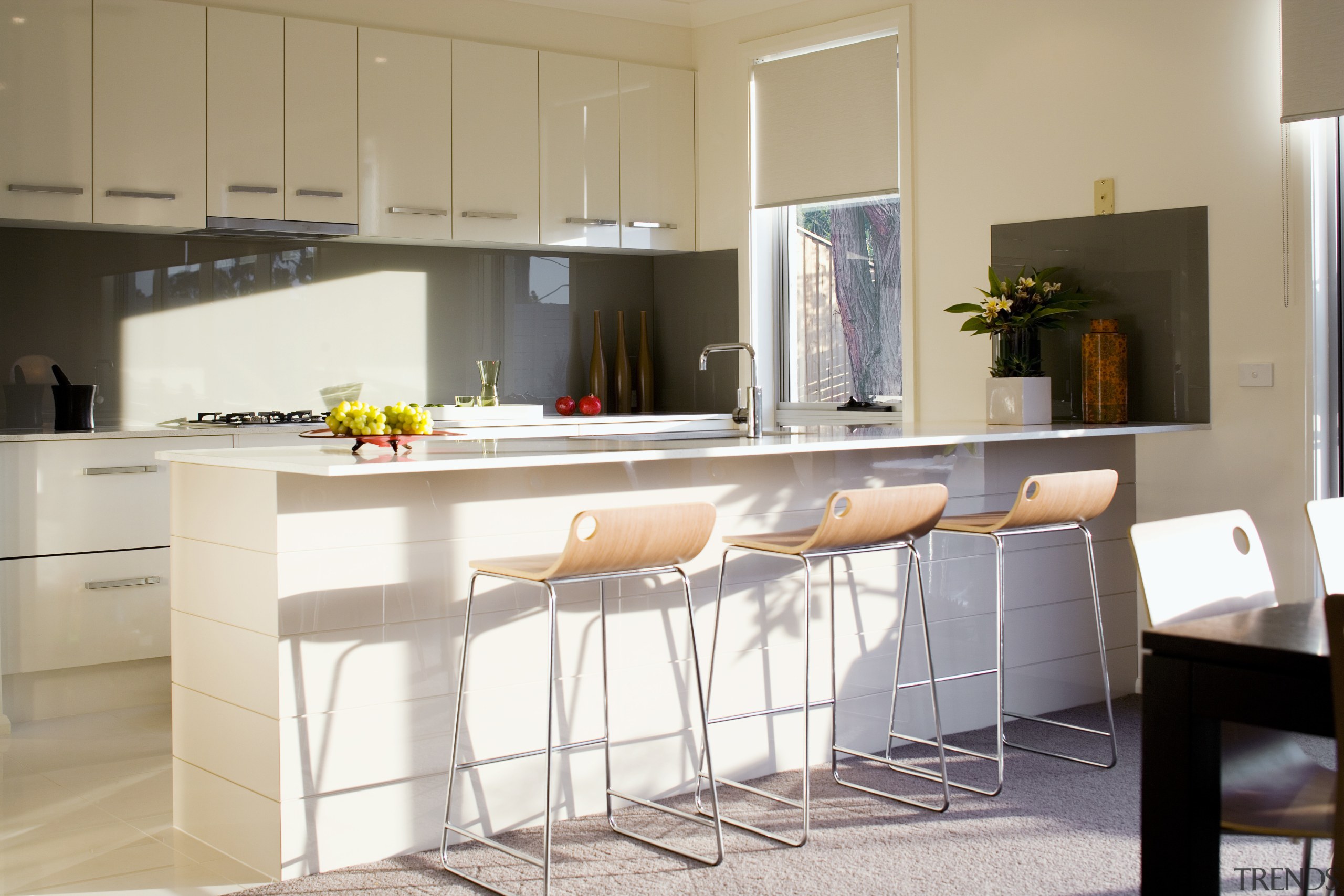 A view of the kitchen and dining area cabinetry, countertop, cuisine classique, furniture, interior design, kitchen, room, gray