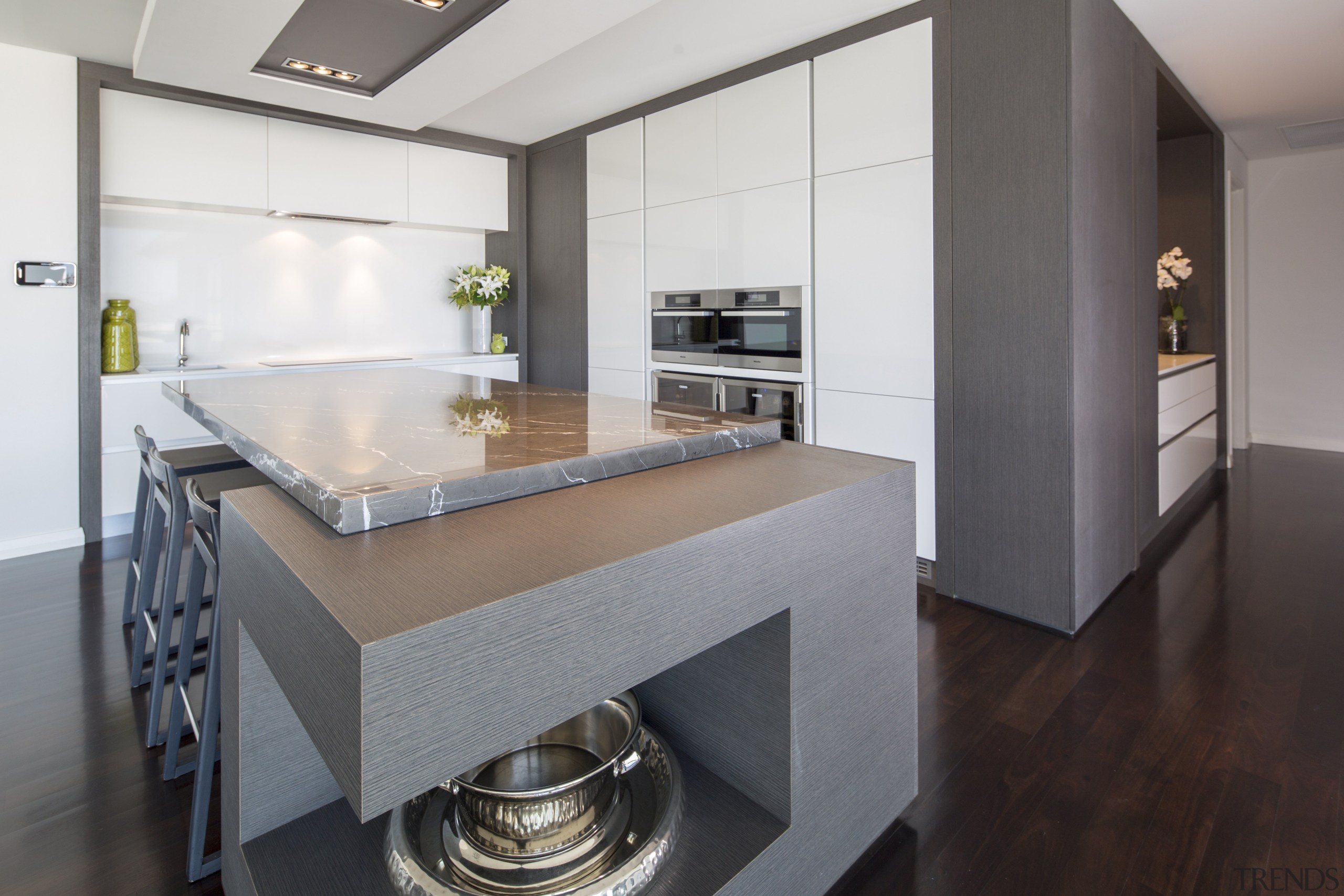 This kitchen in a new house was designed countertop, cuisine classique, floor, interior design, kitchen, real estate, gray, white