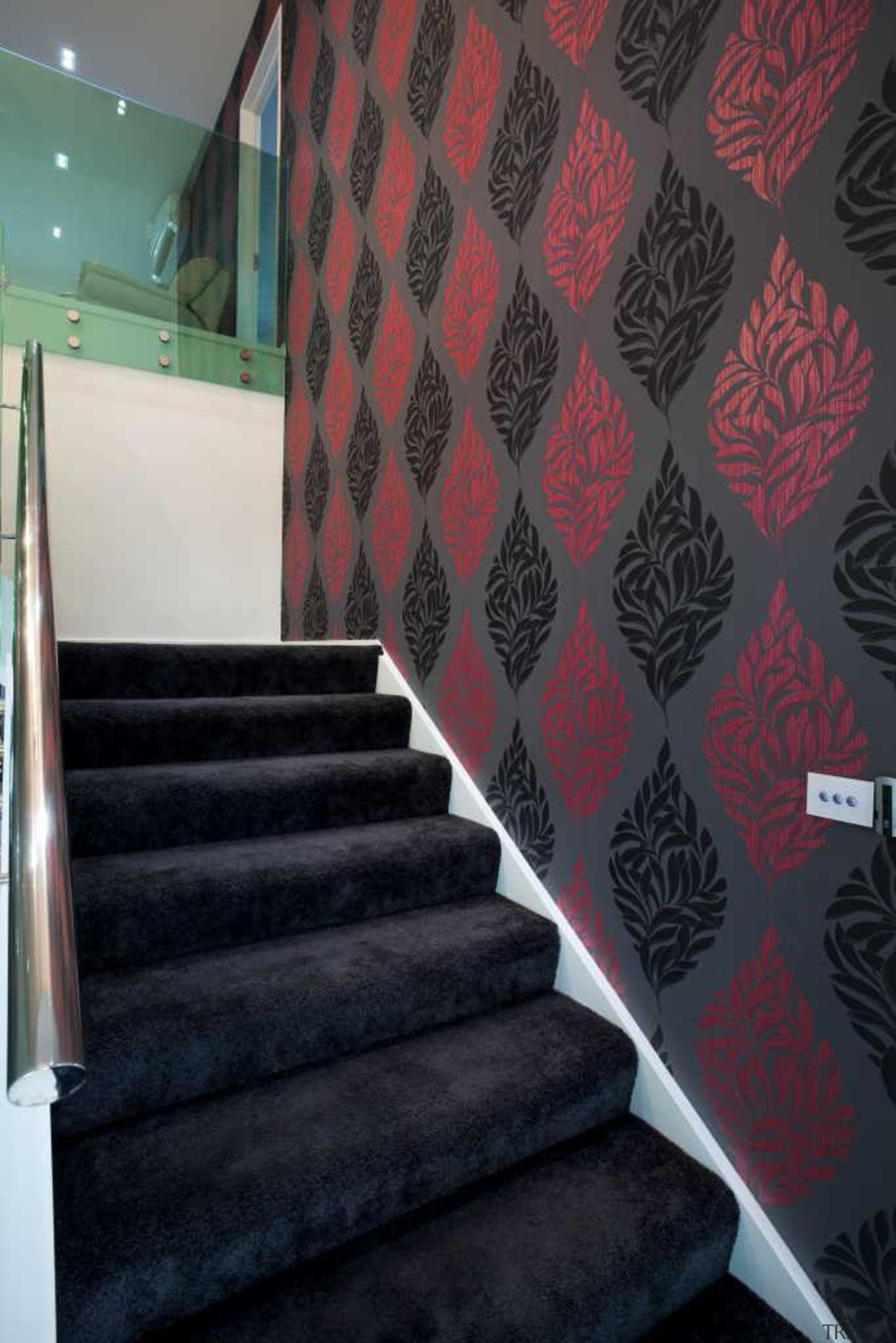 Staircase with black and red wallpaper - Staircase angle, architecture, ceiling, daylighting, design, floor, flooring, interior design, stairs, wall, wallpaper, black