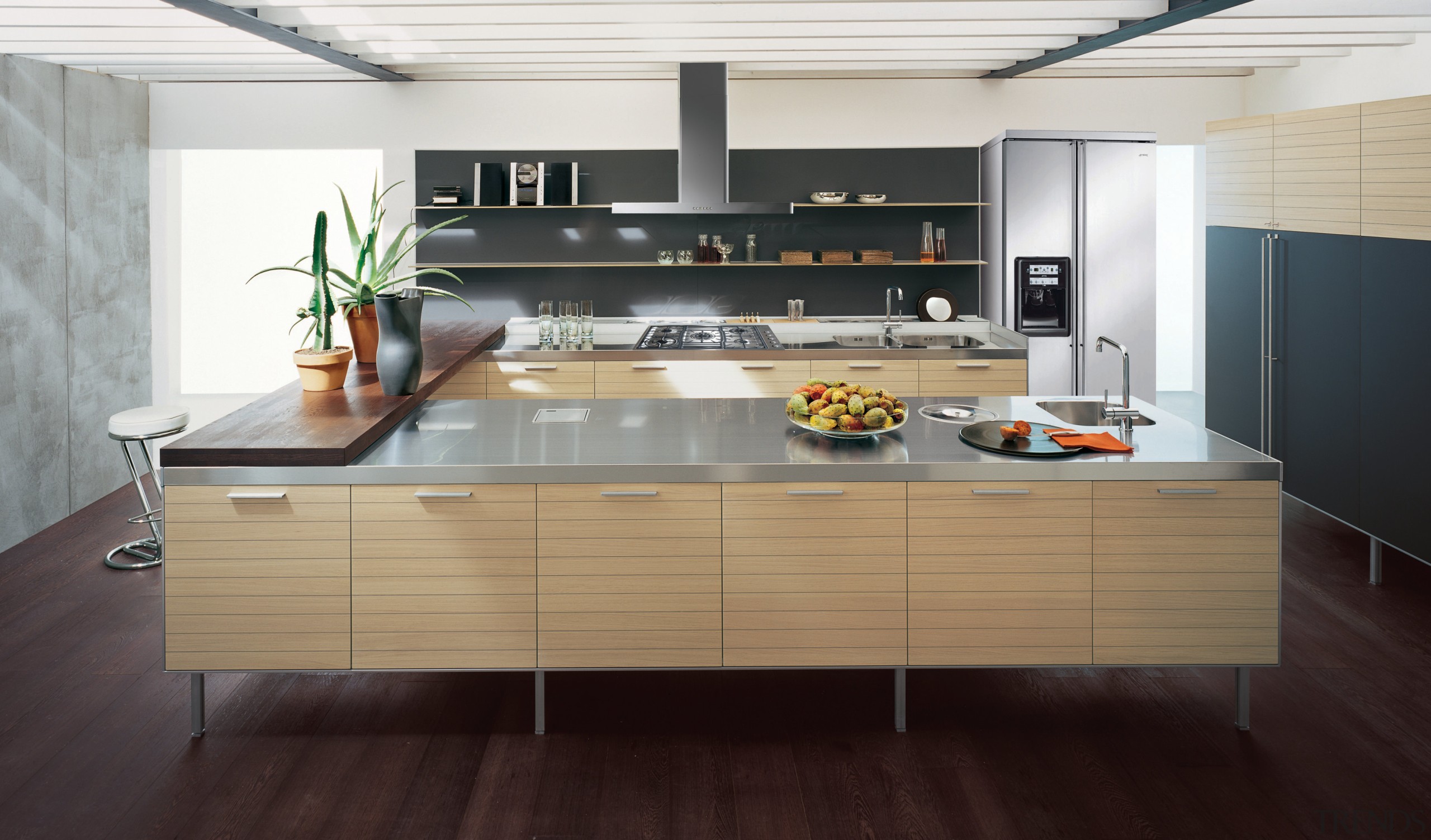 Kitchen with stainless steel benchtop, tan coloured cabinetry, cabinetry, countertop, floor, flooring, hardwood, interior design, kitchen, black, white