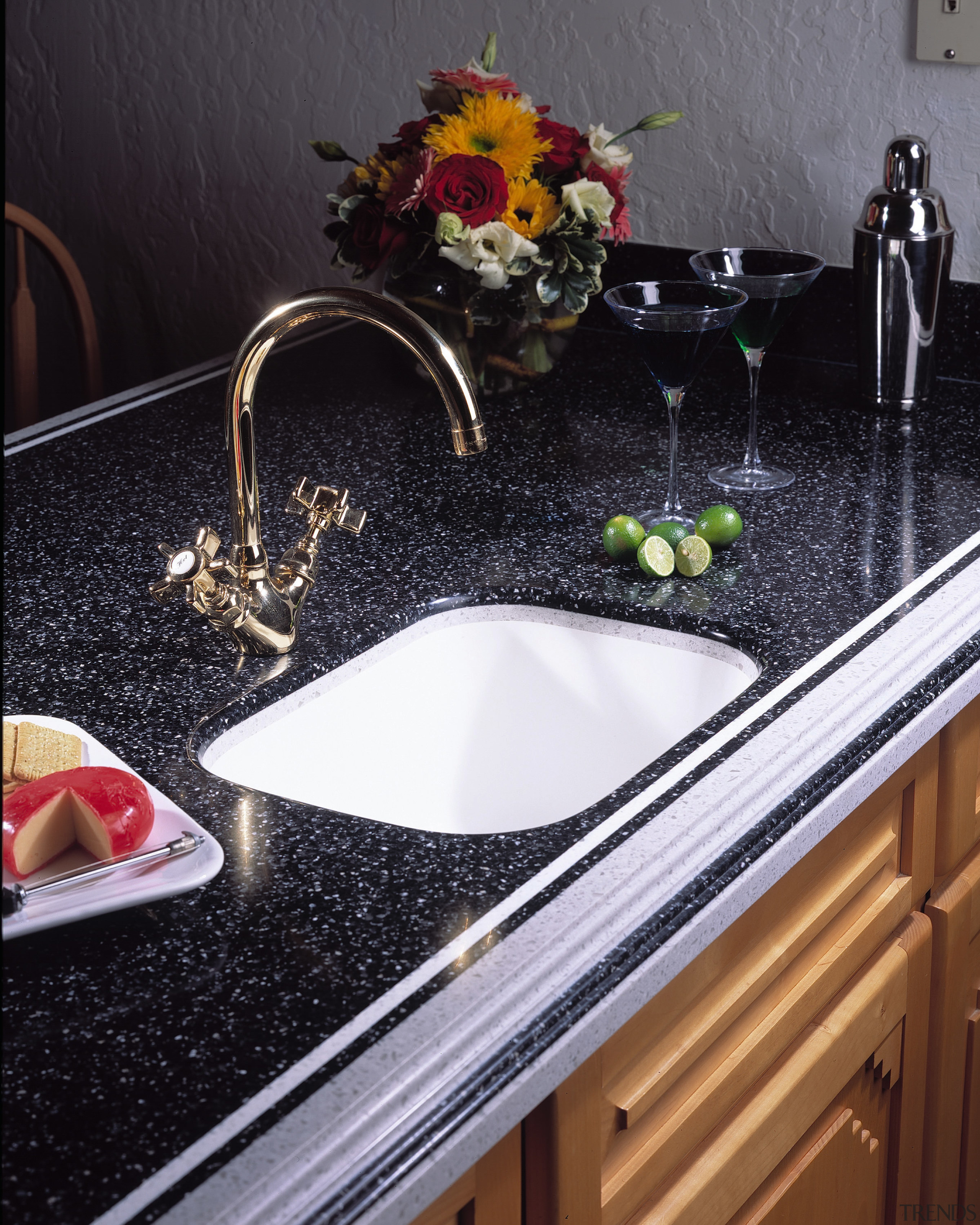 View of this contemporary benchtop - View of countertop, kitchen, plumbing fixture, sink, black