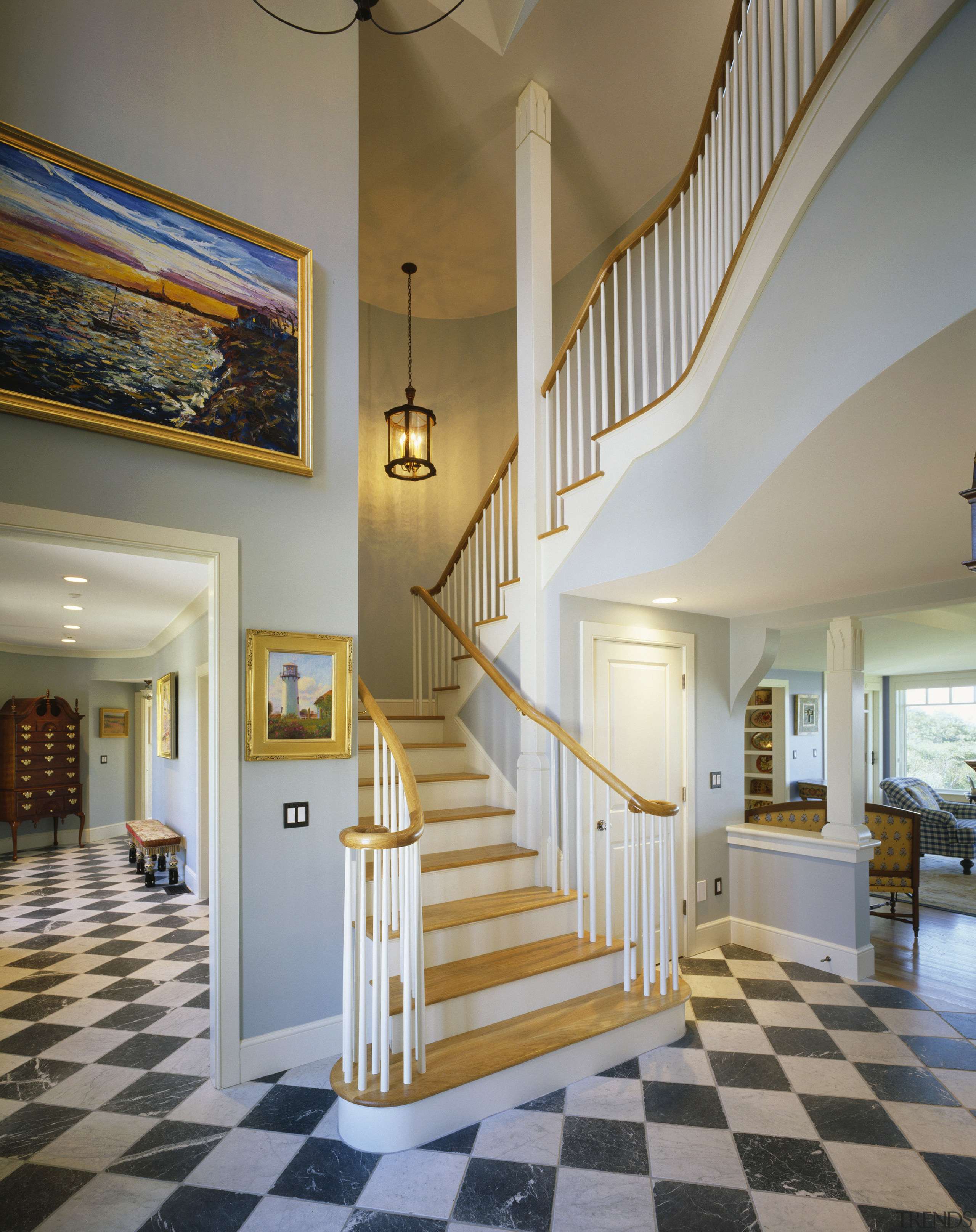 View of a stairway with white oak timber architecture, baluster, ceiling, daylighting, estate, floor, flooring, hall, handrail, hardwood, home, interior design, living room, lobby, property, real estate, stairs, wall, wood, wood flooring, gray
